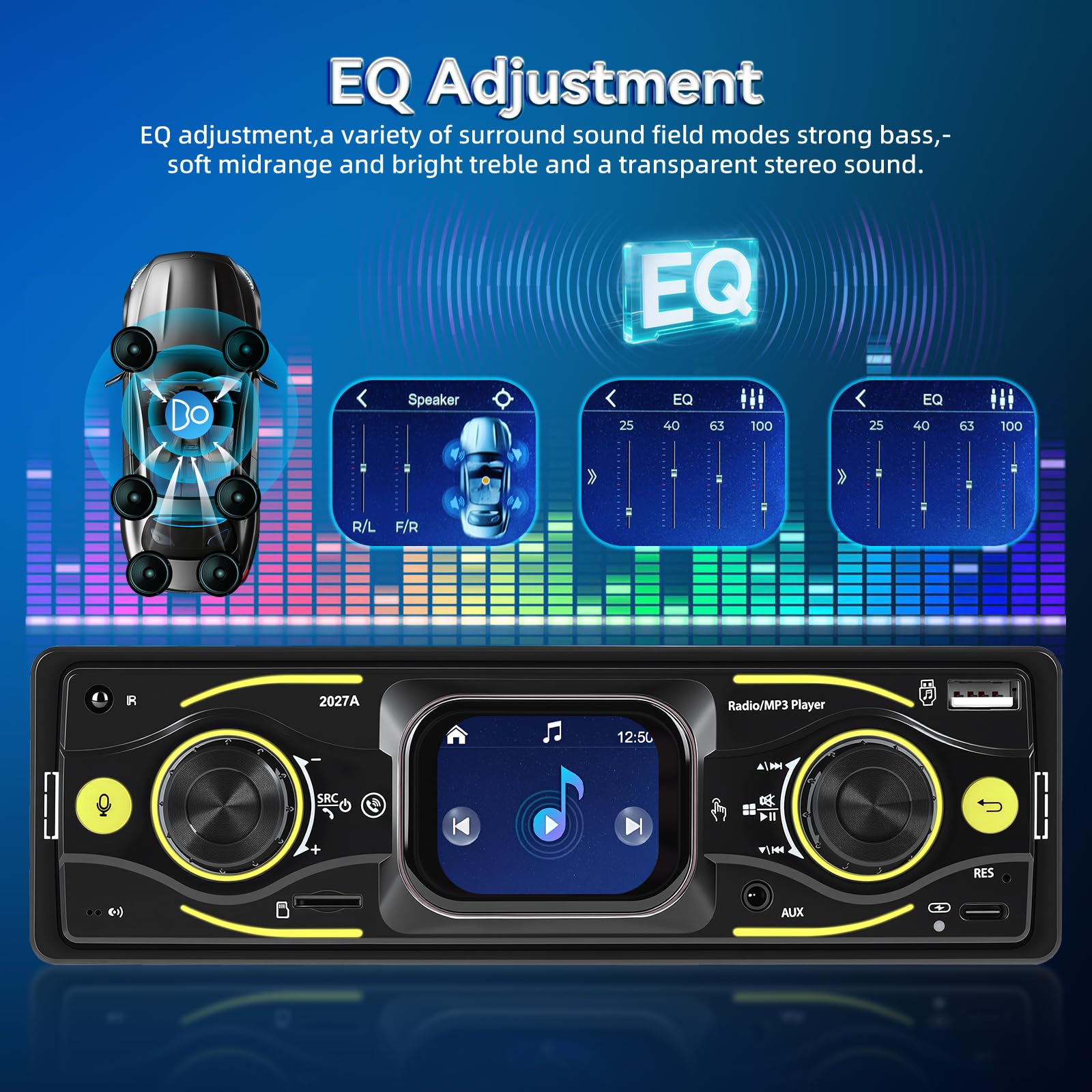 NHOPEEW Radio samochodowe 1 DIN z Bluetooth i ekranem dotykowym: odtwarzacz MP3 z FM, korektor, zestaw głośnomówiący, wejście USB/SD/AUX, ładowanie typu C, złącze ISO i kolorowe światła LED