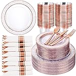 Ciaell 350PCS Rose Gold Plastic Plates - Clear Rose Gold Disposable Plates with Plastic Silverware include 100Plates, 150Silverware, 50Cups, 50Napkins for Wedding & Party & Baby Shower