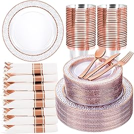Ciaell 350PCS Rose Gold Plastic Plates - Clear Rose Gold Disposable Plates with Plastic Silverware include 100Plates, 150Silverware, 50Cups, 50Napkins for Wedding & Party & Baby Shower