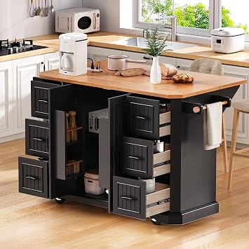 Kitchen Island on Wheels, 55.5"x29.75"x36" Rolling Storage Island Cart, Foldable Top with Built-in Power Outlets, Adjustable Shelves & Spacious Drawers, Mobile Kitchen Island Table Black