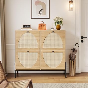 Rattan Shoe Cabinet Storage,Narrow Shoe Rack for Entryway with 2 Flip Drawers, Freestanding Wooden Shoe Organizer Cabinet with Metal Legs for Hallway Natural, 4 Flip Drawers