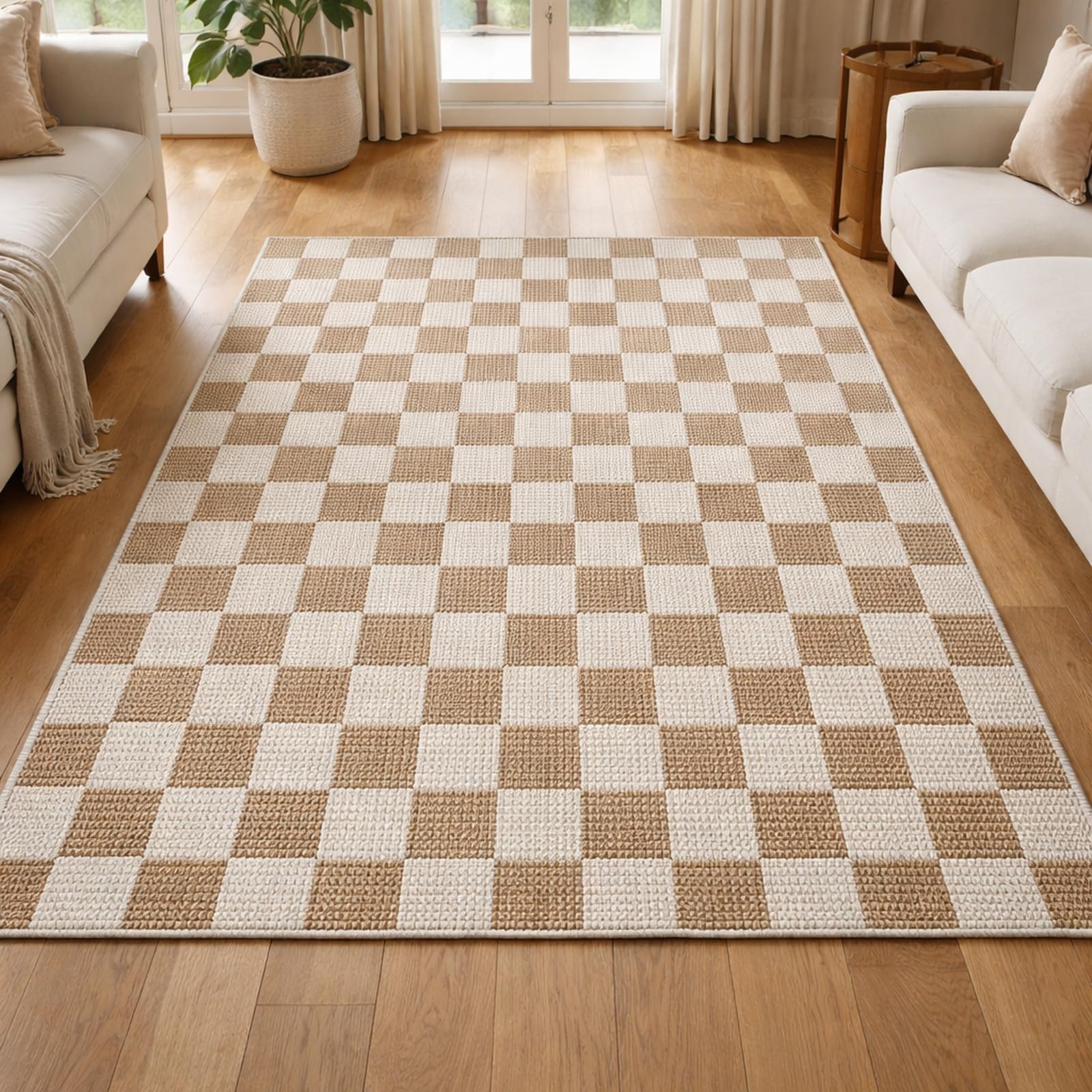 Nowoczesny dywan do salonu wewnątrz na zewnątrz taras balkon dywaniki podłogowe, geometryczny brązowy, biały, 140 x 200 cm
