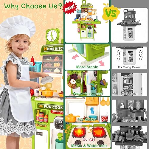 Miniatura 2 de Juego de cocina de juguete mejorado para niños pequeños, mini juego de cocina con fregadero rociador e iluminación realista, juguetes de cocina para