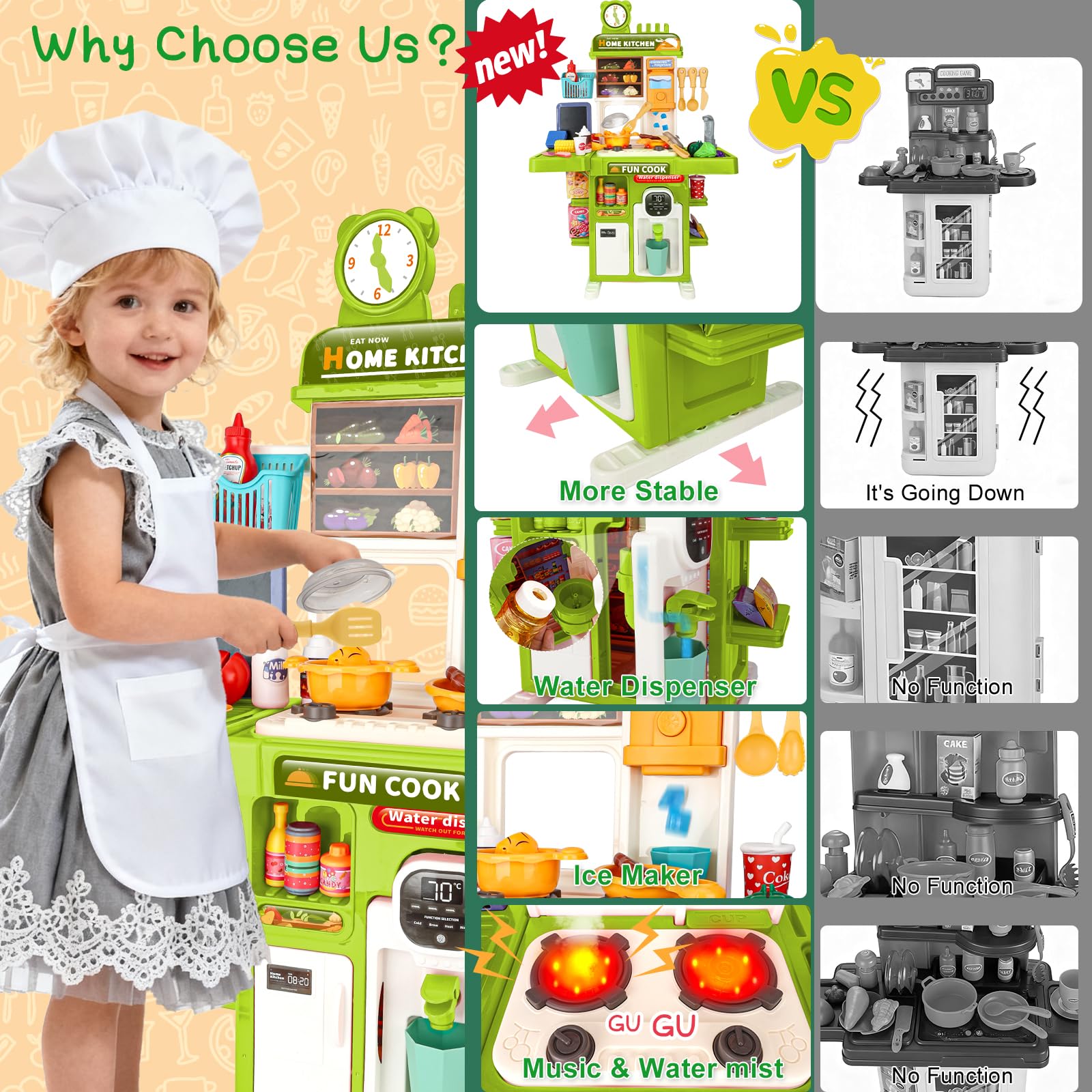 Cocina Juguete Niños Set de Cocina en Miniatura con Fregadero de Spray y Iluminación Realista, Juego de Cocina Simulada para Niñas y Niños de 3 4 5 Años, Regalo (Verde)