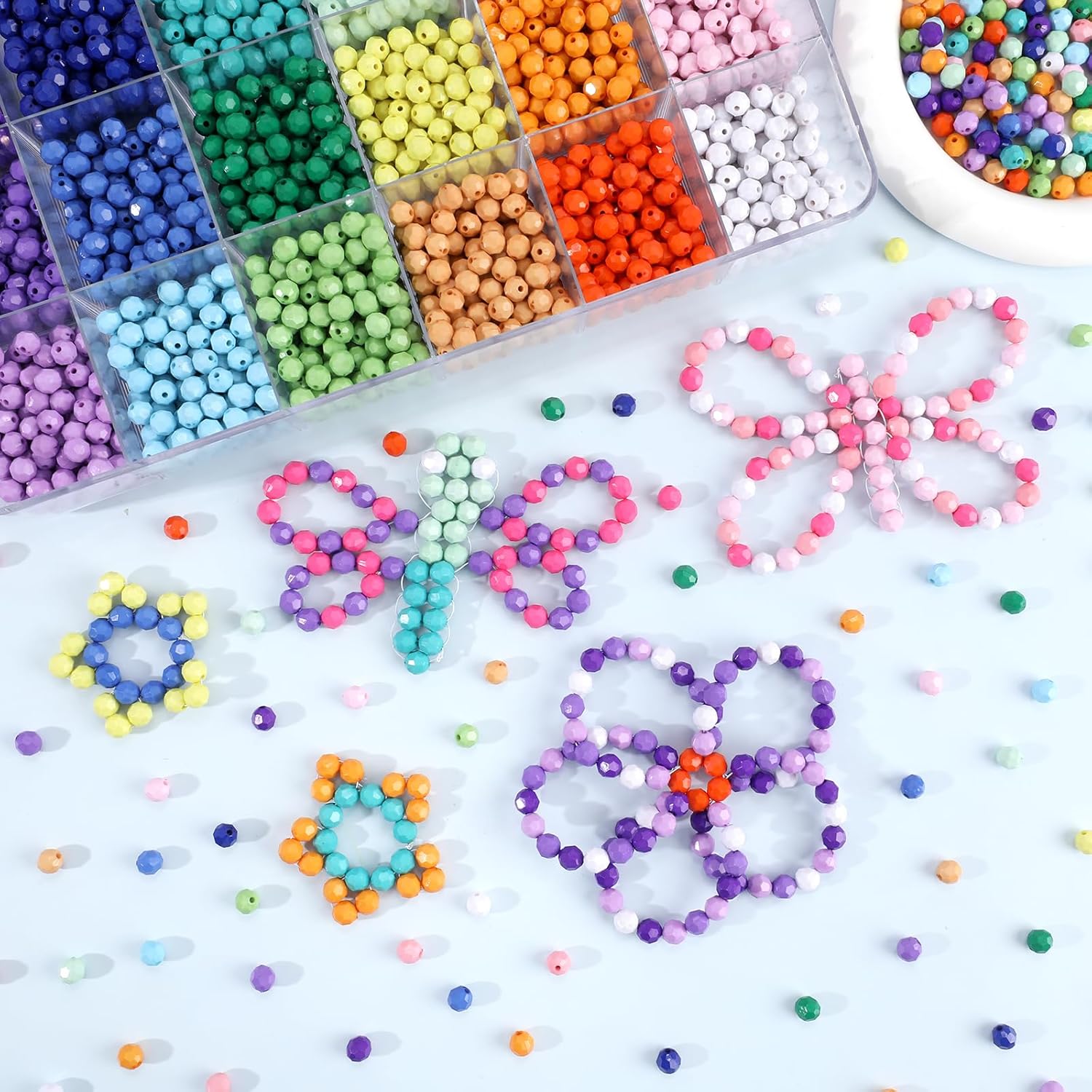 2600+pcs Faceted Beads Kit 18 Color Rainbow Opaque Plastic Beads Multicolor Loose Spacer Pony Beads Bulk Elastic String for Bracelets Necklaces Key Chains DIY Craft Jewelry Making - Image 3