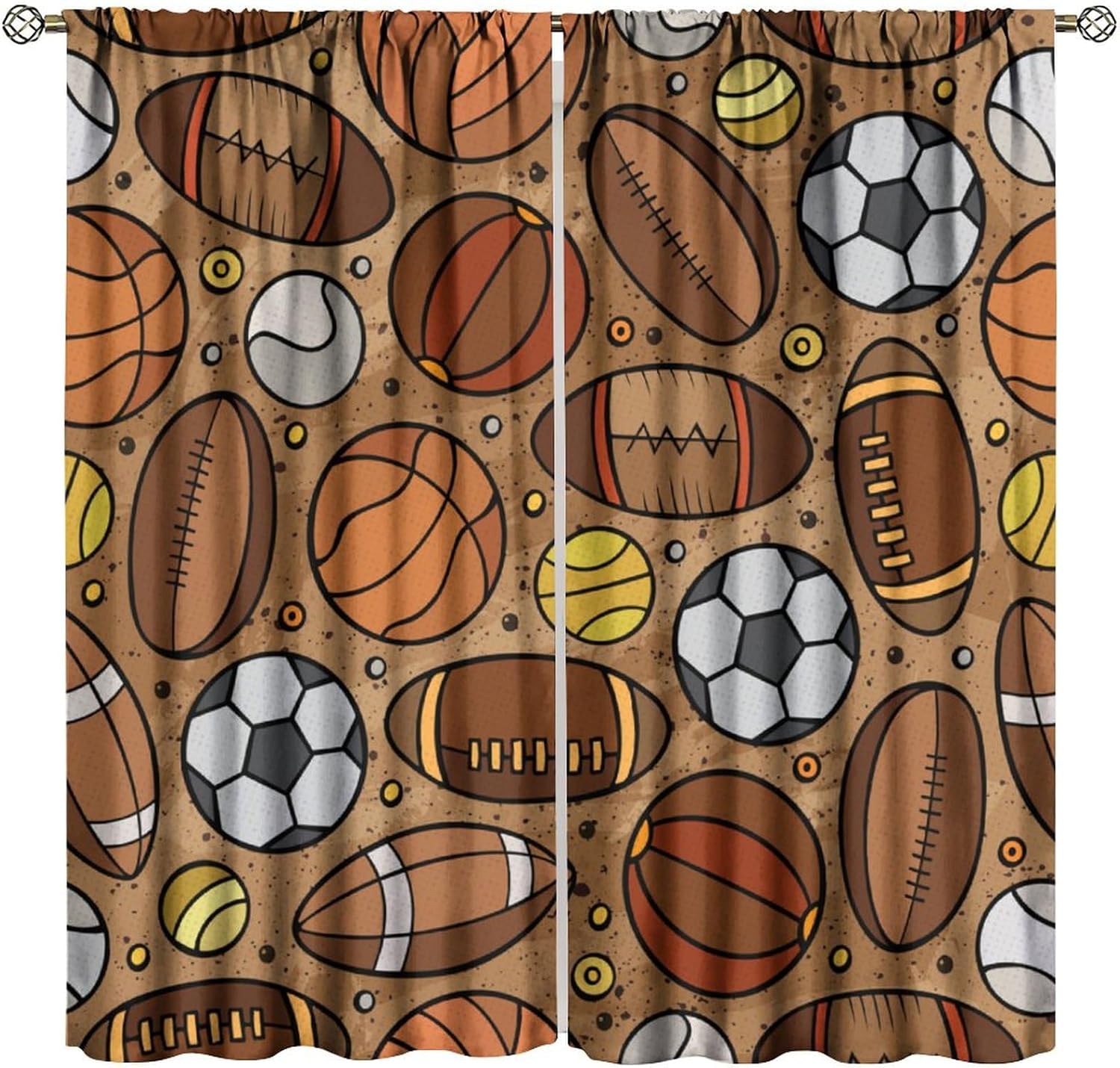 Cartoon Cute Sport Blackout Curtains, Colorful Football Basketball Baseball Rugby Sports Theme Window Drapes, for Living Room Bedroom 36(W)*63(L) 2 Panels