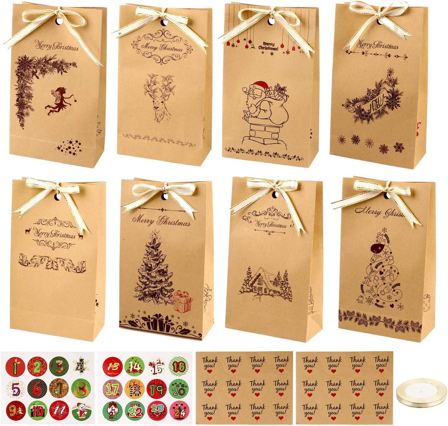 Gift Bags, GIKPAL 24 pcs Christmas Paper Bags Kraft Paper Bags with 48 Xmas Gifts Stickers for Presents Candies Cookies Bundle Xmas Theme Gift Wrapping Bags (Light Brown, 22x13x6cm)