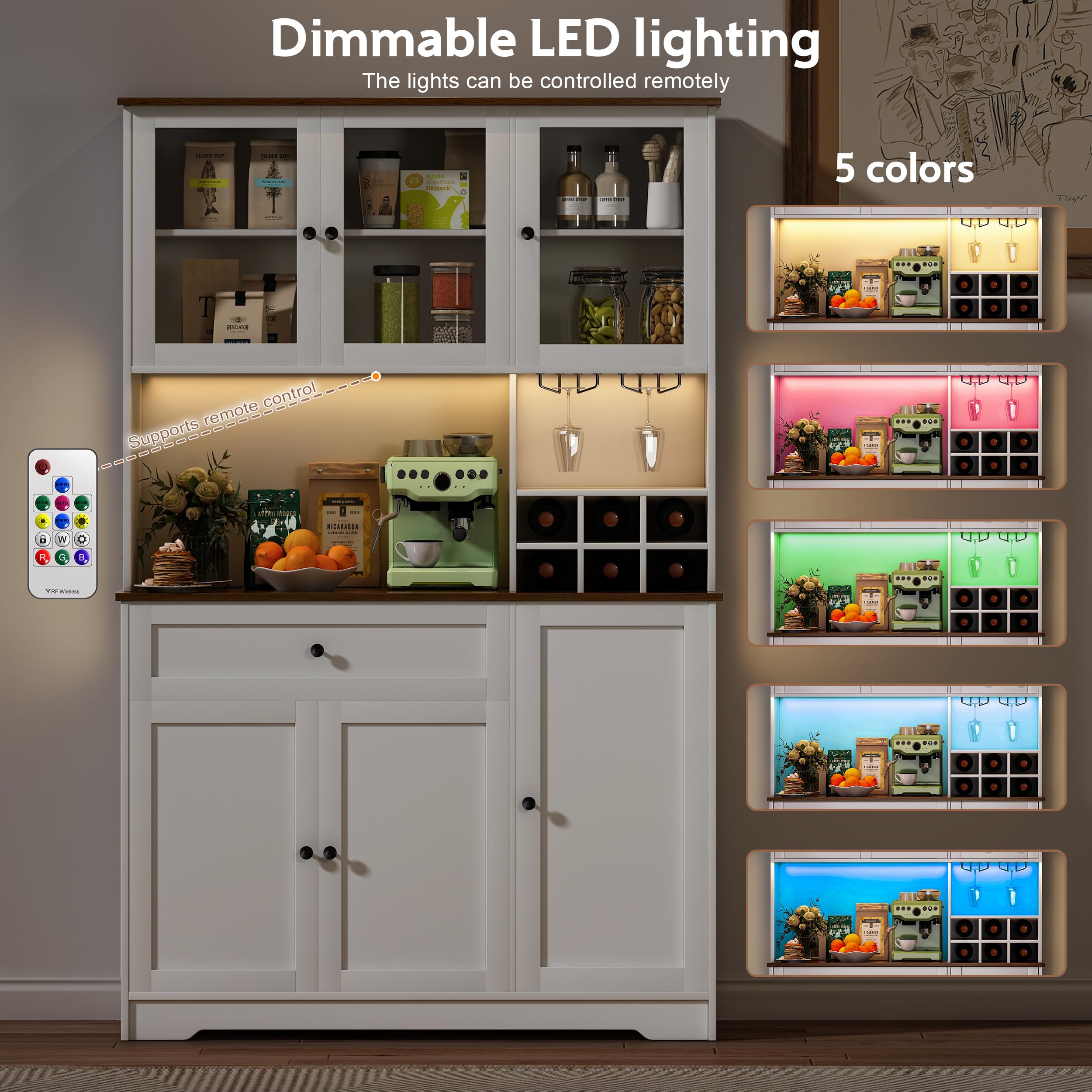 Küchenschrank mit Arbeitsplatte, Buffetschrank mit Weinregal, LED-Licht & Steckdose mit USB, Verstellbare Einlegeböden Anti-Kipp Vorrichtung, Sideboard Küche für Wohnzimmer Esszimmer (Weiß)