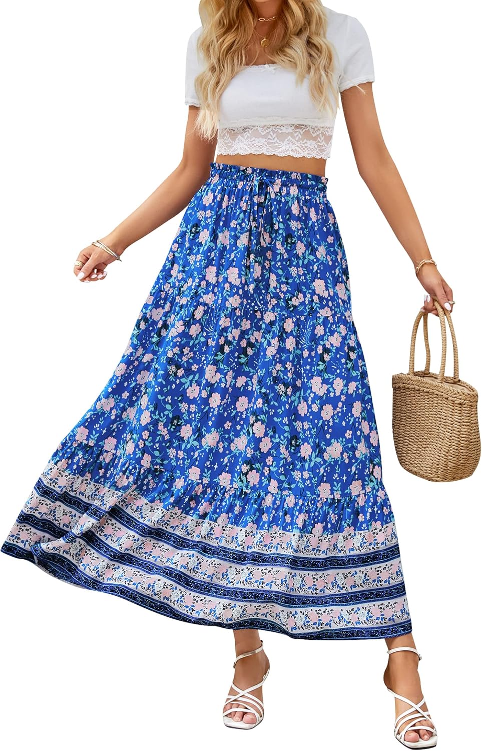ZESICA Women's 2025 Summer Bohemian Floral Printed Elastic Waist A Line Maxi Skirt with Pockets