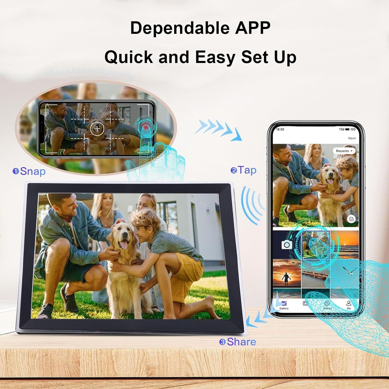 Digital picture frame showing app setup process with smartphone