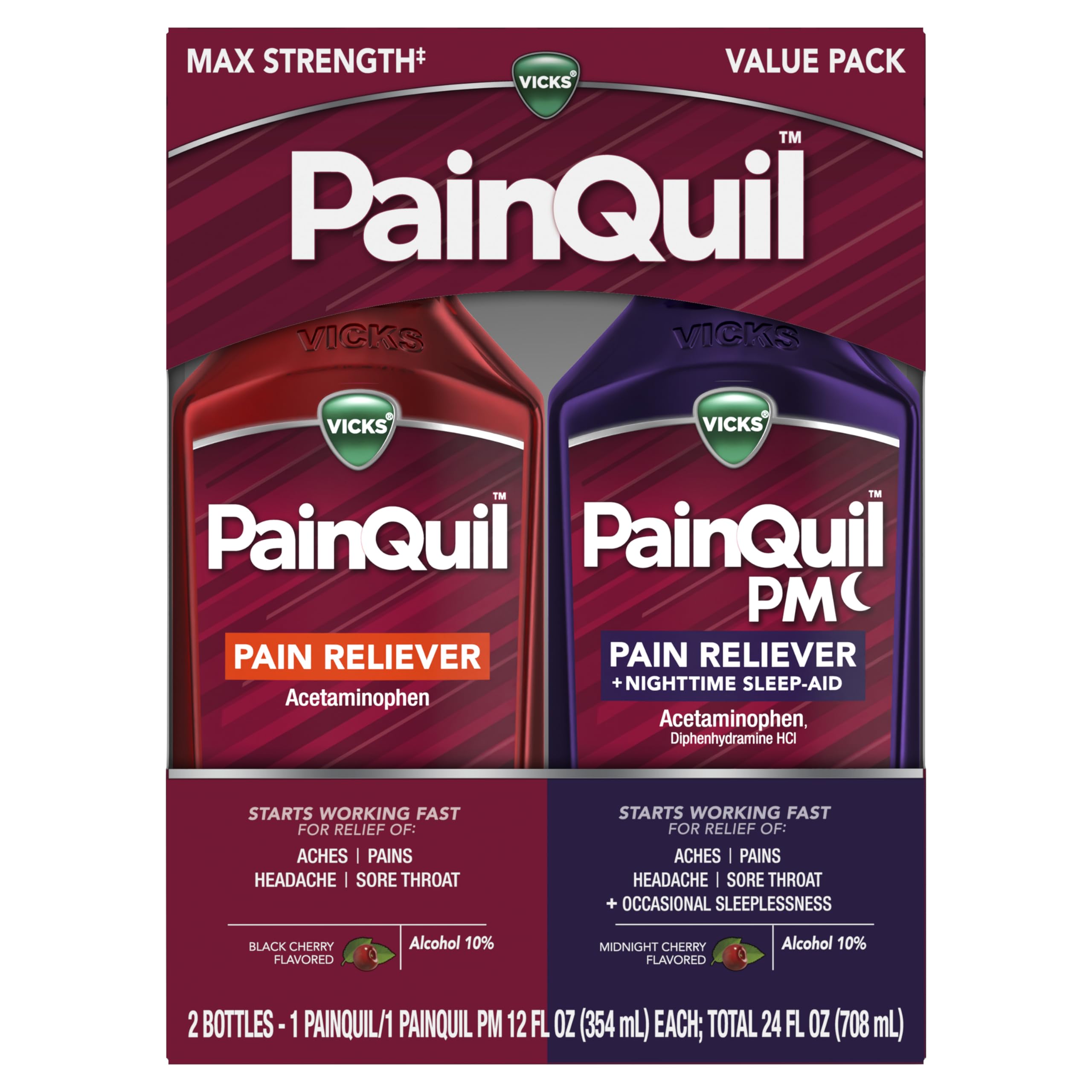 Vicks PainQuil &amp; PainQuil PM Pain Relief Liquid, 1000mg Acetaminophen, 2x12 oz