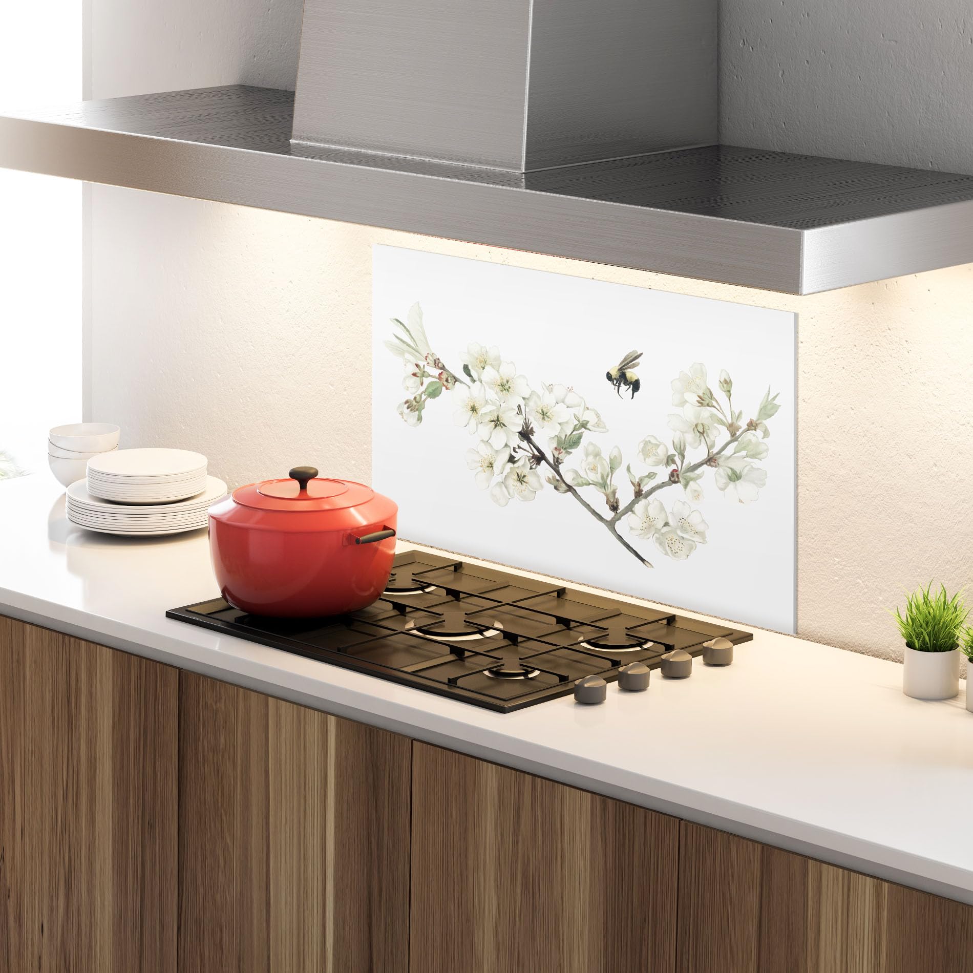 ARTHUB® Crédence de Cuisine en Verre 60x100 cm, Bee Spring Flower | Protection Contre Les éclaboussures, Revêtement Mural en Carreaux, Plaque en Verre, Verre trempé, Paysages, Printemps