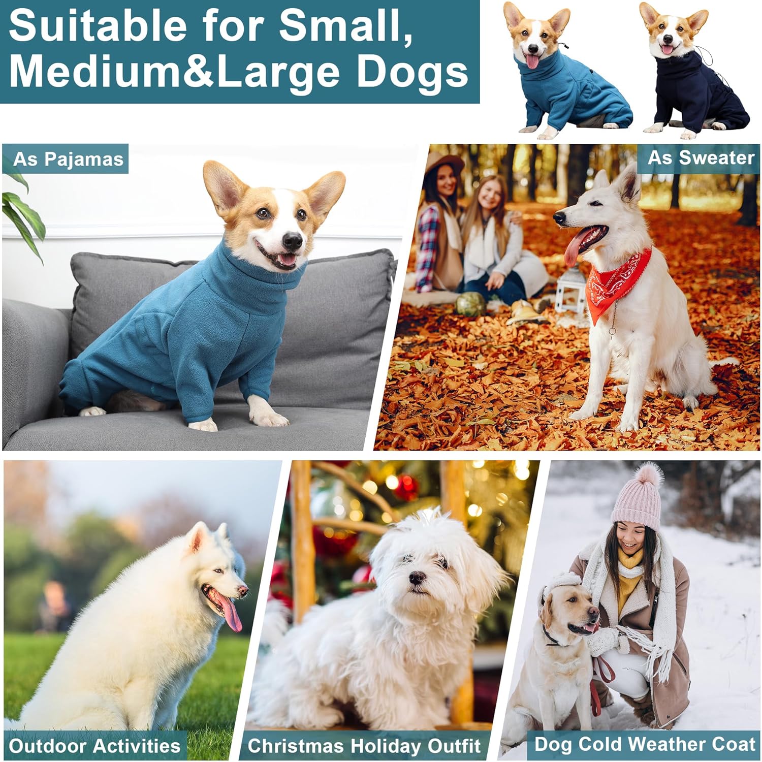 Dog Winter Coat, Polar Fleece Pullover Jumpsuit, Dog Sweatshirt Jacket, Fullbody Pajamas Onesie for Small Medium Large Dogs Hiking Walking Sleep, Turquoise 2XL