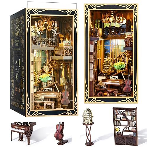 MiniCity DIY Book Nook Kit, Miniature Dollhouse Booknook Kit, 3D Wooden Puzzle Bookend Bookshelf Insert Decor with LED Light for Teens and Adults (Pianist with Nightingale) - Pianist with Nightingale