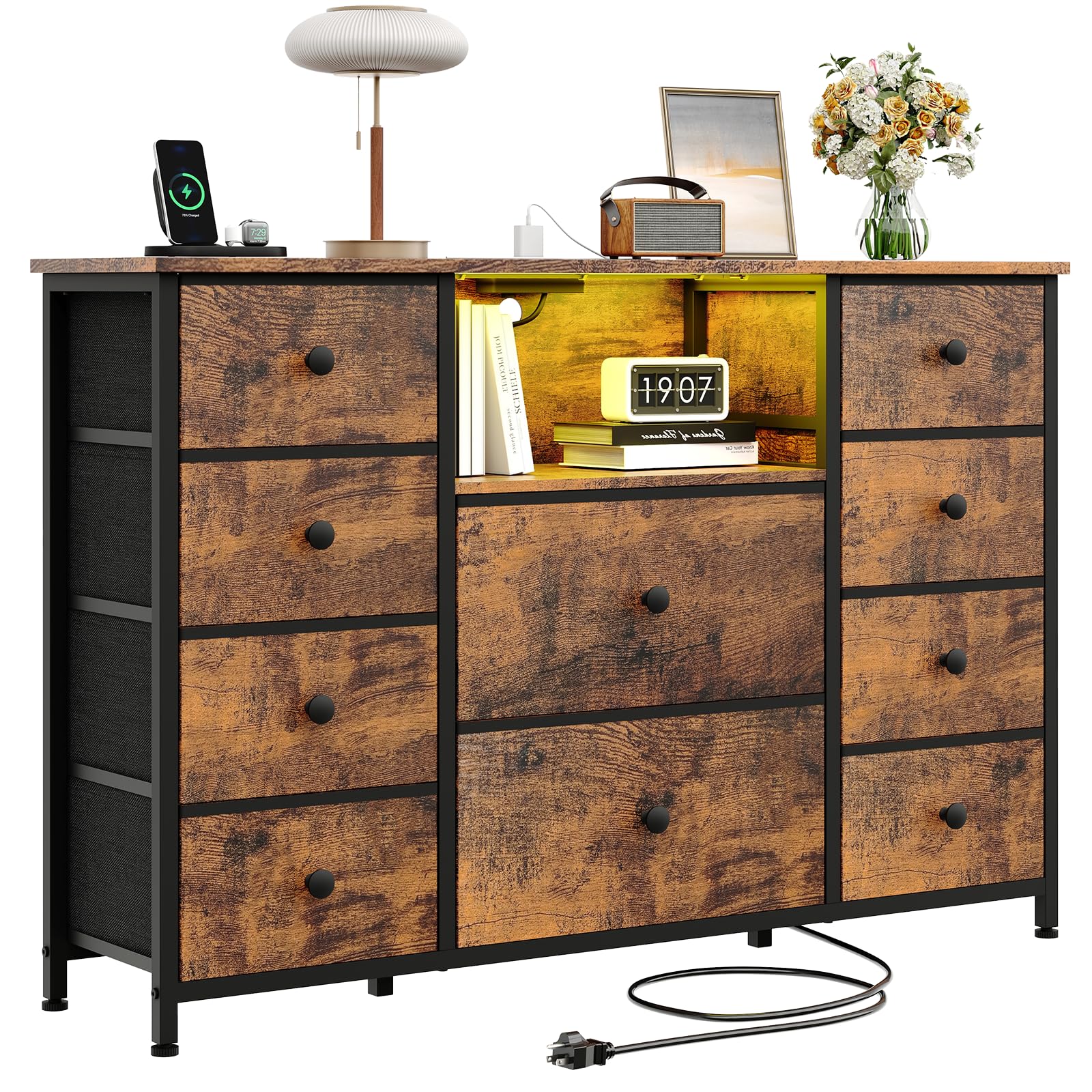 Dresser for Bedroom with 10 Drawers, Storage Organizer TV Stand for 55" TV with LED Lights and Sockets, Fabric Chest of Drawers with PU Finish for Kid Room, Entryway, Living Room, Hallway, Brown