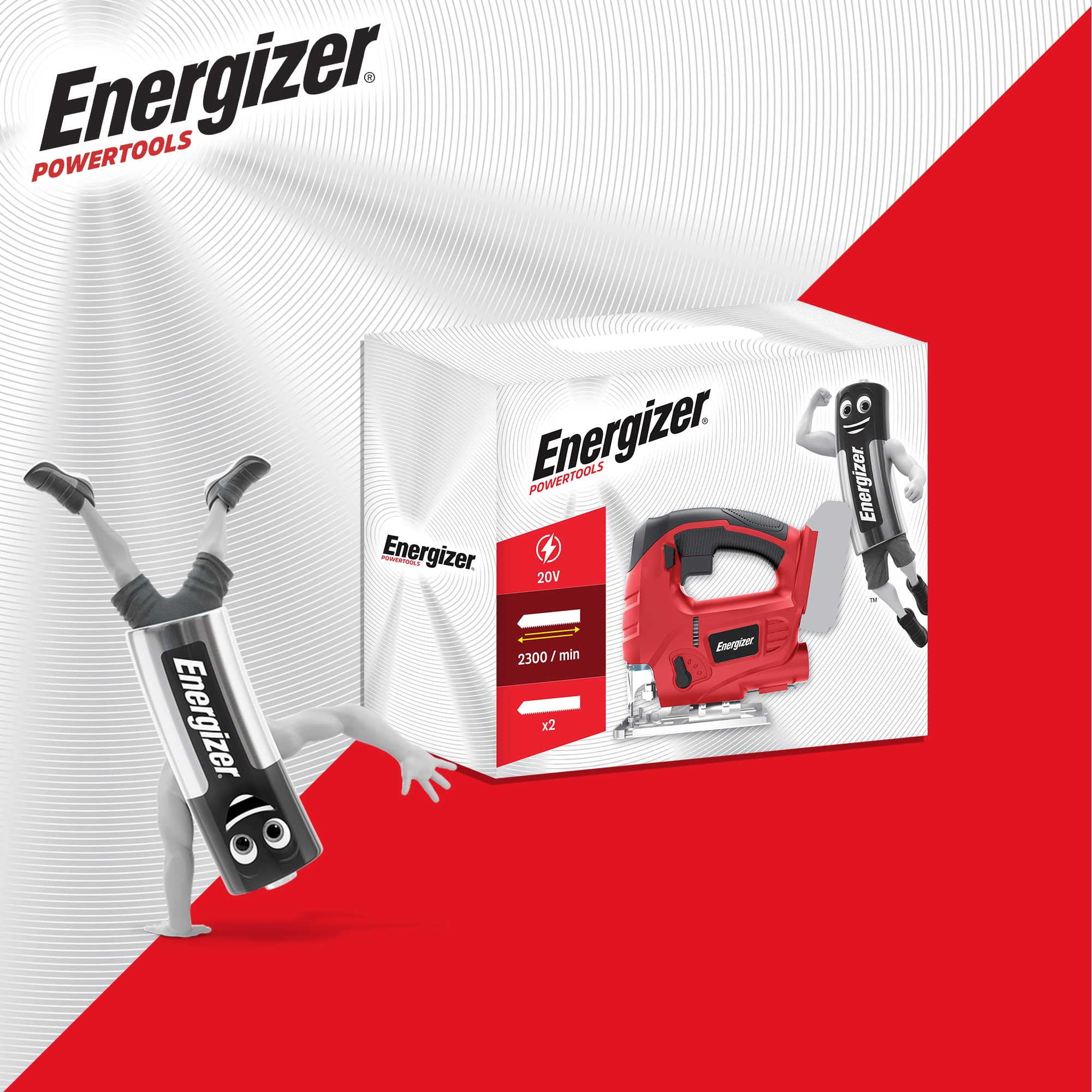 Energizer - Sierra de calar inalámbrica 20 Voltios – 2300 OPM, corte madera 80 mm/metal 6 mm – Incluye 2 baterías 20V 2AH + cargador - Cambio rápido de hoja sin herramientas, conexión para aspiració
