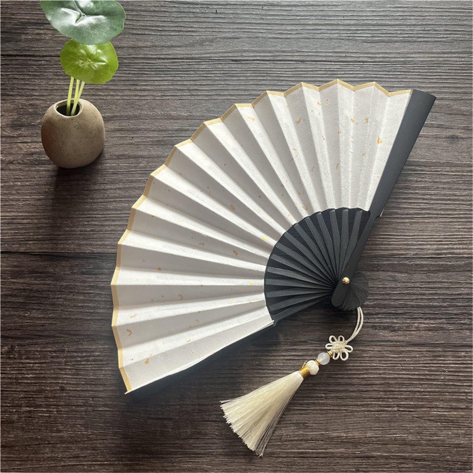 SXTYYH Folding Hand Fan Tassel, Mini Classical Multicolor Gold Sprinkled Xuan Paper Handheld Fan for Women Foldable, Folding Fans for Line Dancing, Hanfu Photo Prop(4in,White)