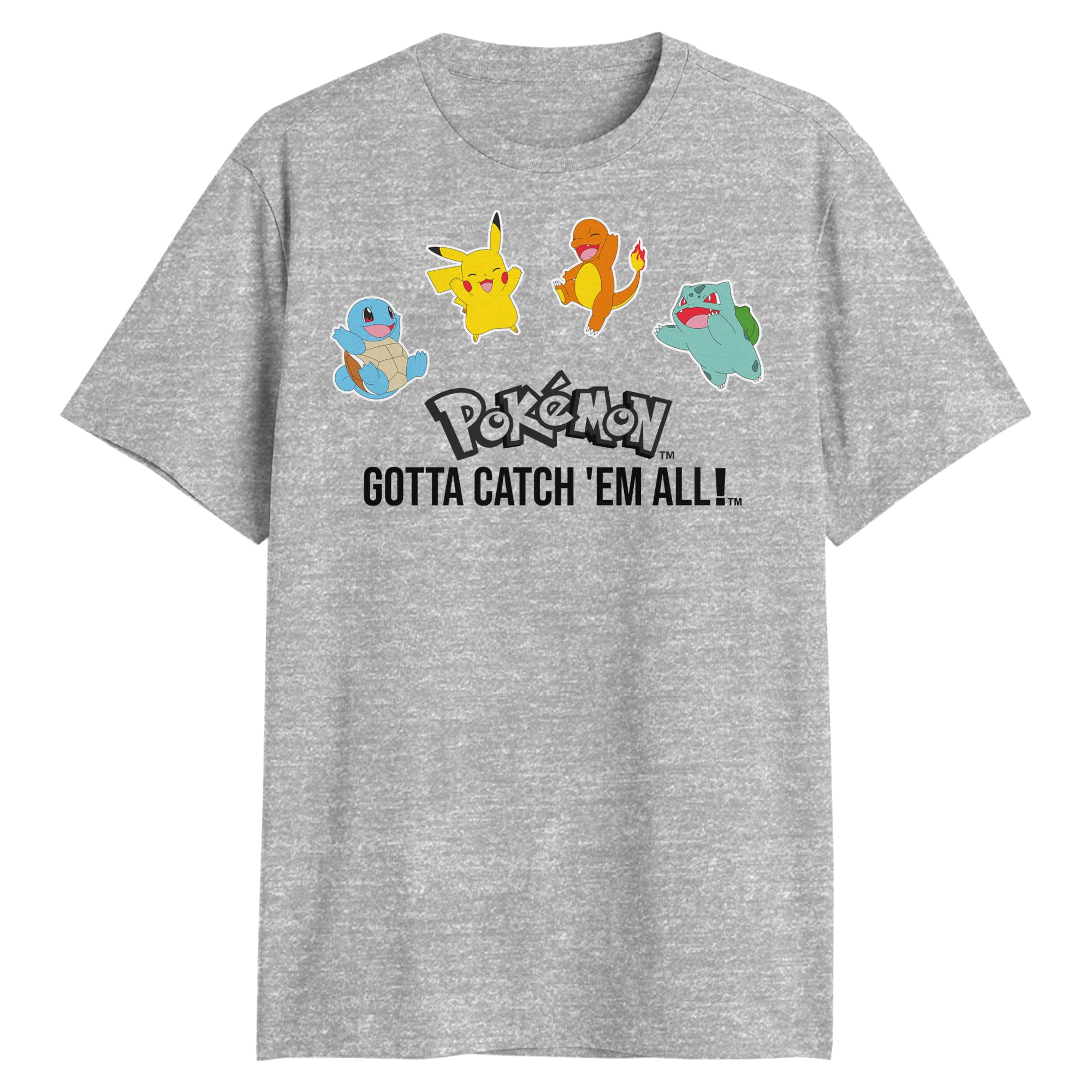 Pokémon Men's Heather Grey Pokemon Gotta Catch Them All Pikachu Squirtle Charmander Bulbasaur T-Shirt, 3XL