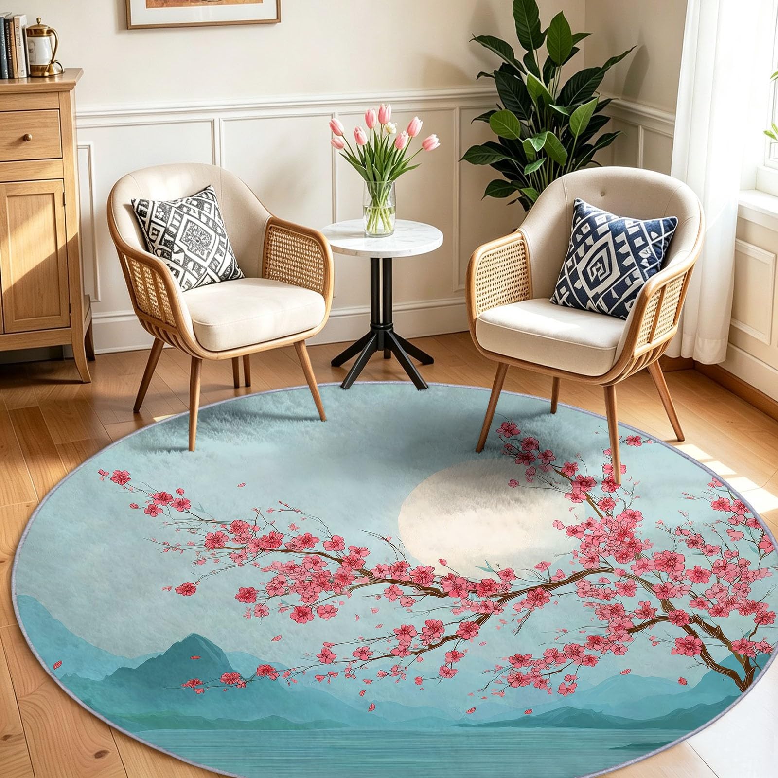 Tapis rond lavable de 100 cm avec motif de fleur de prunier et dossier antidérapant