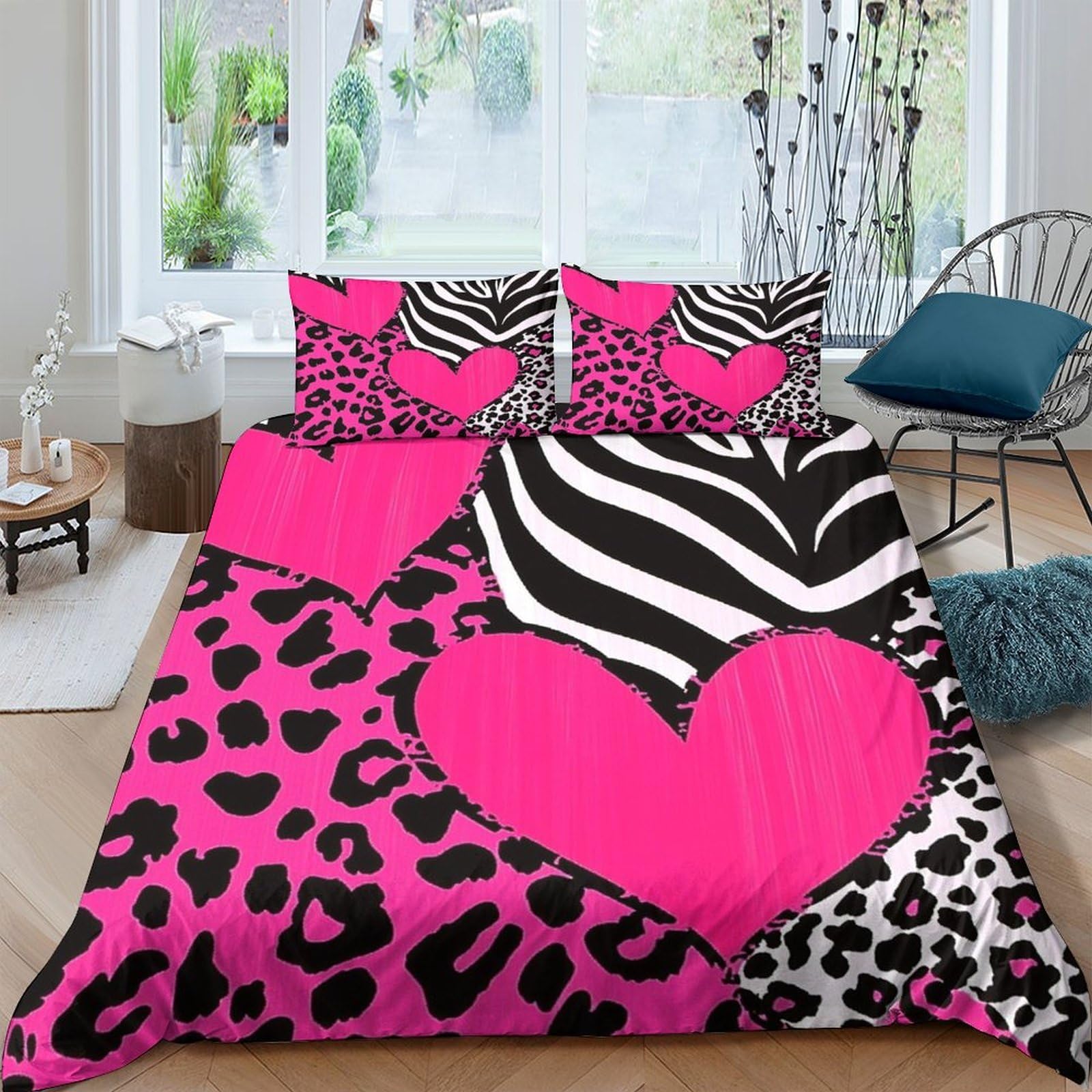 Ctjqhvkz Style-8 3D Printed Pink Leopard Heart Fitted Sheet Microfiber Soft Bedroom Decor Zebra Stripe Mattress Cover Single（135X200cm）