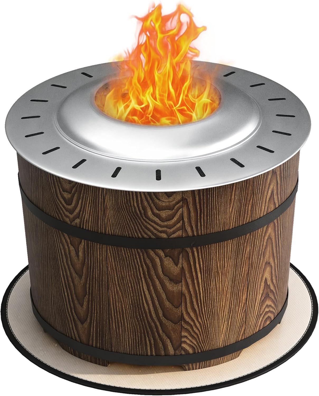 Outsunny Smokeless Fire Pit with Fireproof Mat, 20" Barrel Style Portable Wood Burning Firepit, Magnesium Oxide Low Smoke Camping Bonfire Stove for Backyard, Patio, Picnic, Brown