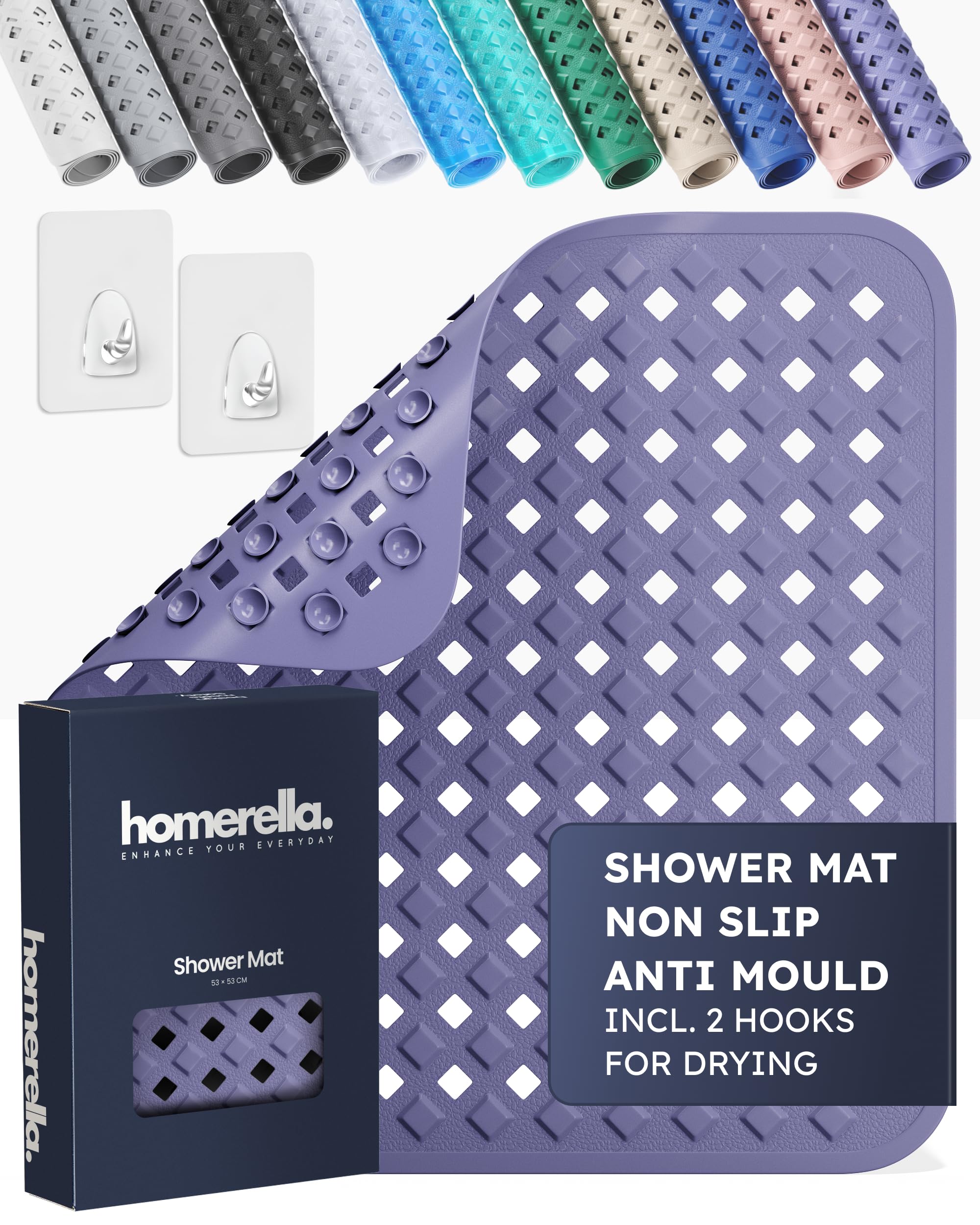 homerella® Shower Mat Non Slip Anti Mould 53 x 53 cm, INCL. Hooks for Drying Bath Mat Non Slip Anti Mould