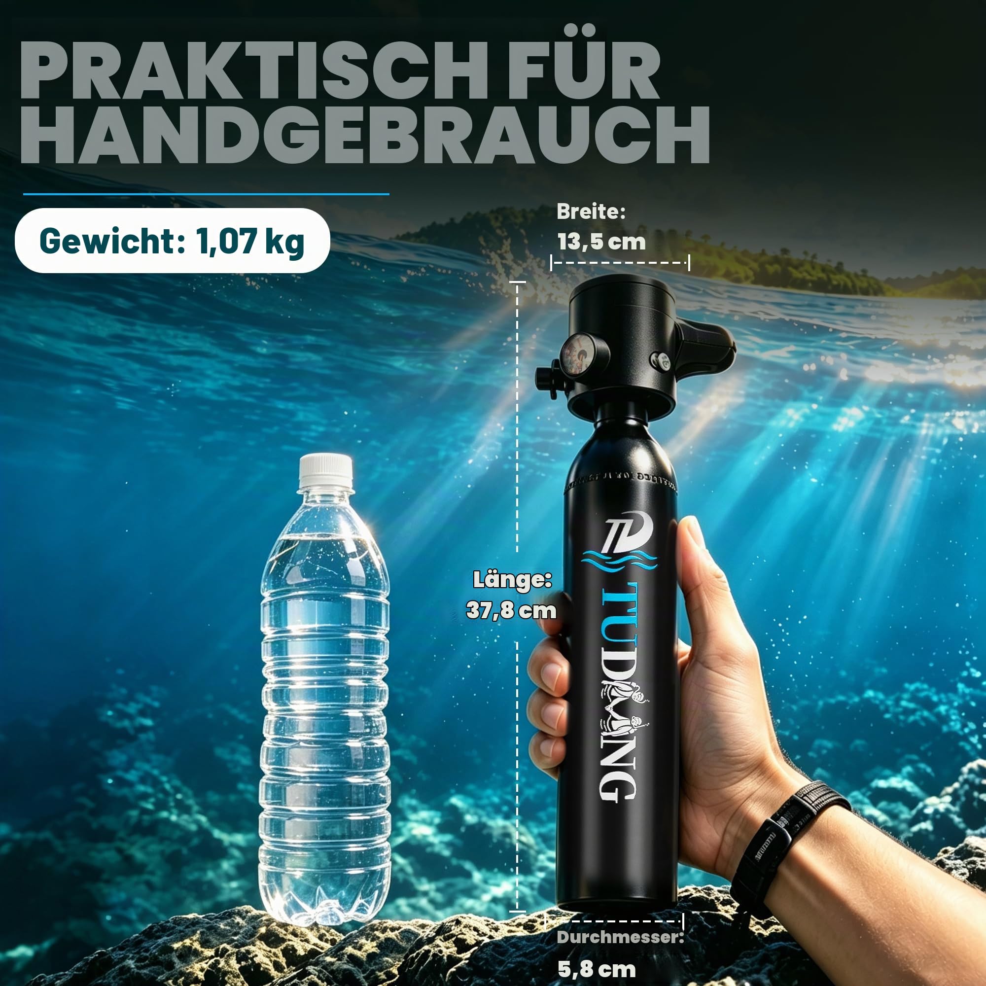 TUDIVING-0,5-l-Tauchflasche, Wiederverwendbare tragbare Mini-Sauerstoffflasche, Tauchausrüstung unterstützt 5-10 Minuten Unterwasser-Atmungstauchflasche (S300PLUS A1-Black)