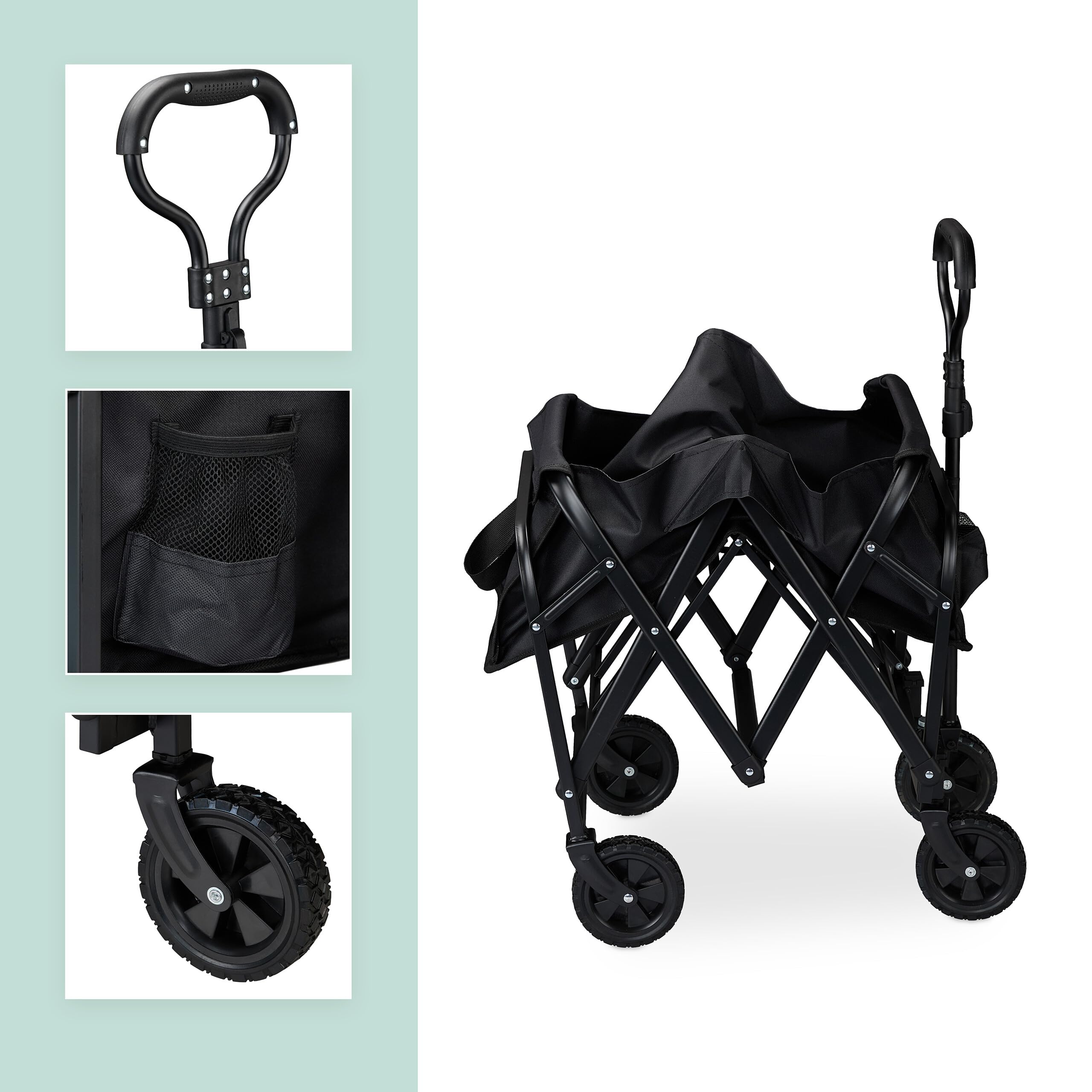 Relaxdays Carretilla Jardín, Plegable, 100 kg, Mango Telescópico, Ruedas Goma, Carro para Comprar, Camping, Playa, Negro