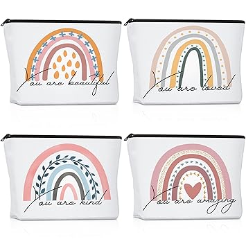 Rainbow Cosmetic Bag 4 Pieces Inspirational Quotes Canvas Cosmetic Bags Bulk You Are Amazing Loved Beautiful Kind Makeup Bag Personalized Purse Pouch for Women Girl Teacher Gift(Fresh)
