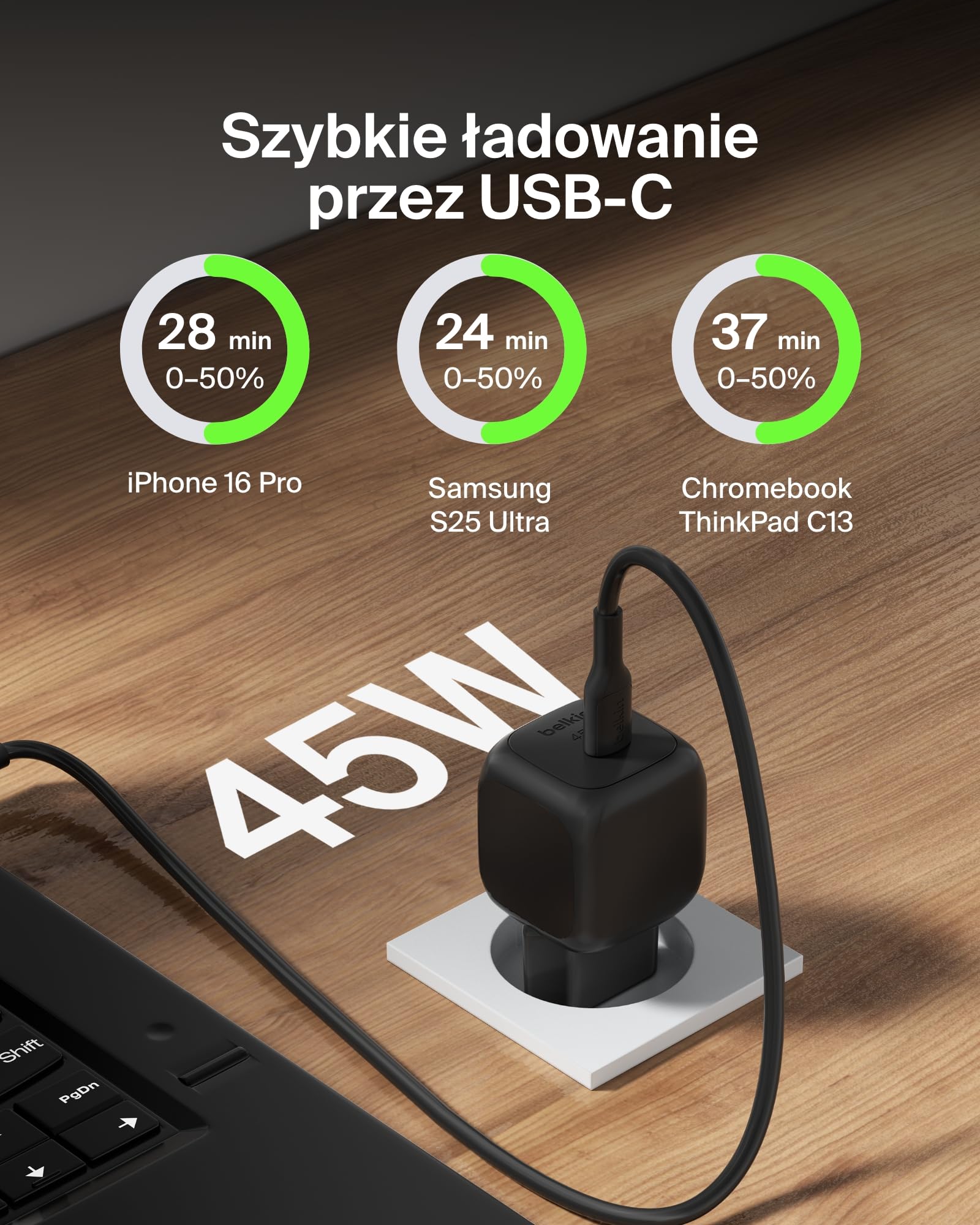 Belkin kompaktowa ładowarka sieciowa 45 W, szybkie ładowanie USB-C Power Delivery dla urządzeń Apple iPhone 16, 16 Plus, 16 Pro, 16 Pro Max, 15, Samsung Galaxy S25, iPad, AirPods i innych – czarna