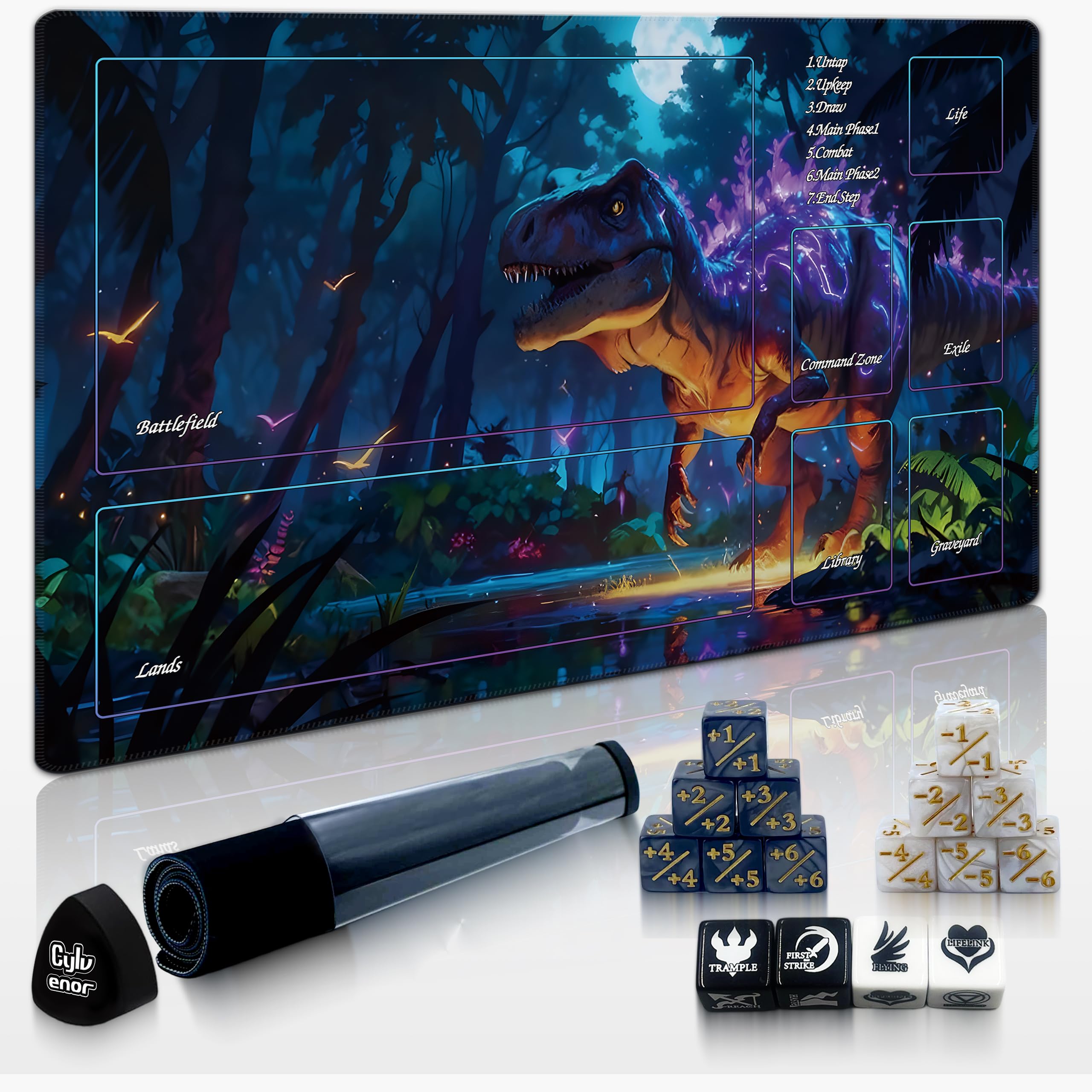 Cylvenor 24"x14" MTG Playmat with Storage Tube & 16-Piece Dice Set - Non-Slip Rubber TCG Card Game Mat, Stitched Edges Tabletop Gaming Mat (REX 01, REX Series)