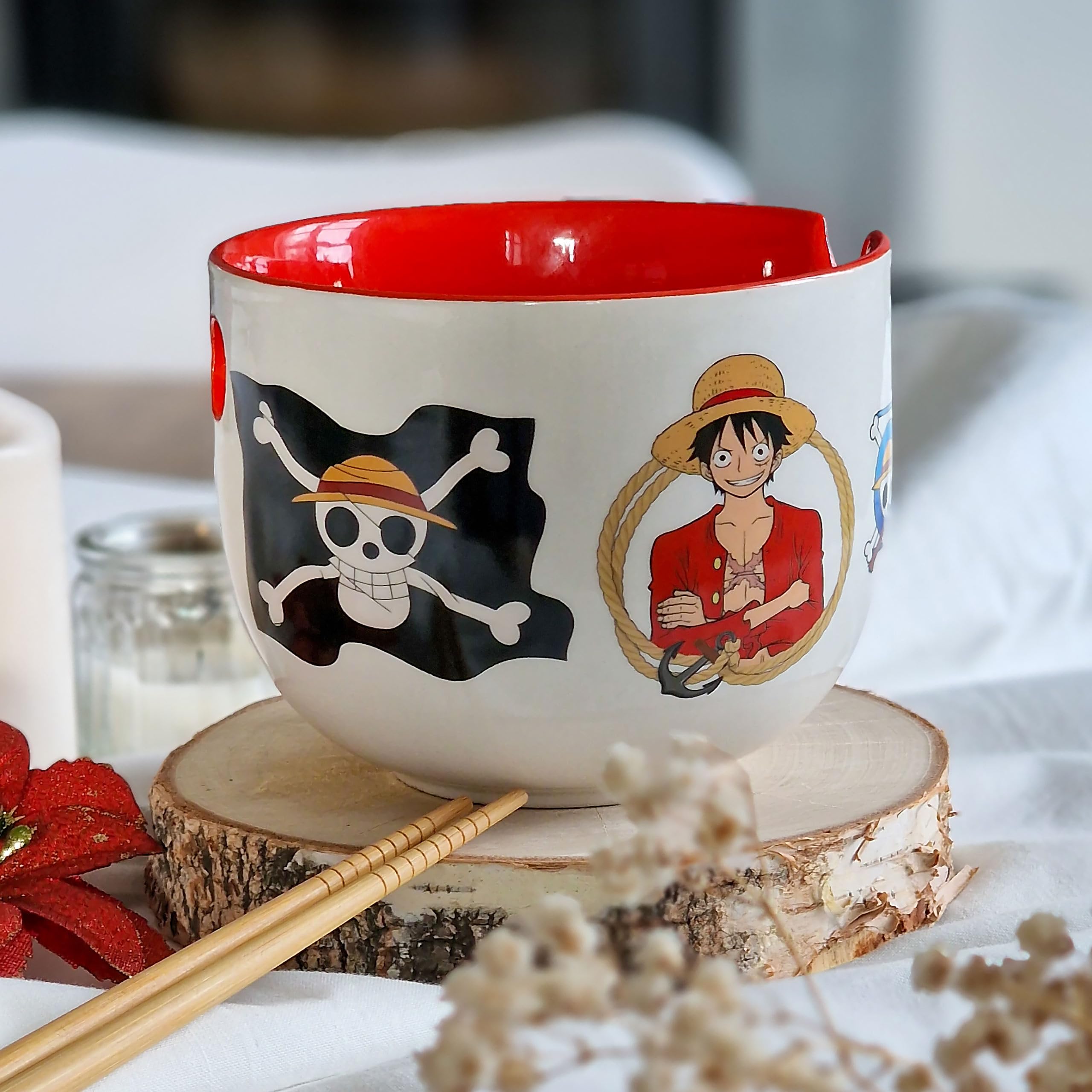 Elbenwald - One Piece - Monkey D. Luffy Ramen - Cuenco con palillos (500 ml, cerámica), color blanco