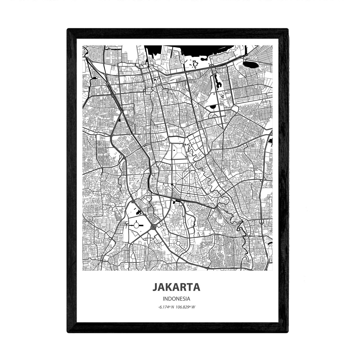 Nacnic Poster with map of Jakarta - Indonesia. Asian cities sheets with seas and rivers in black color. A3 size