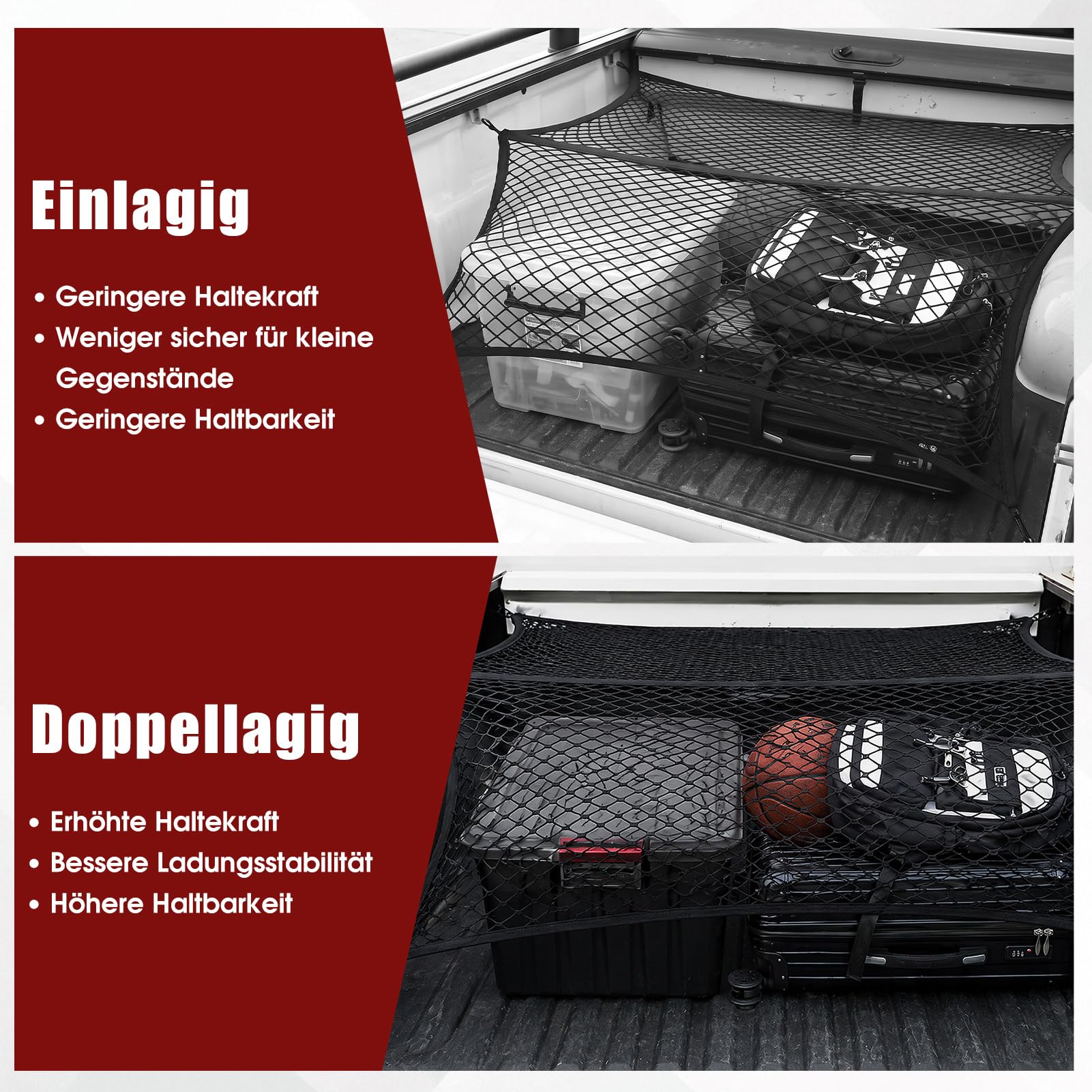 Ladungssicherungsnetz Hochelastisches Gepäcknetz LKW Pritschen Netz Doppel Lage Anti Rutsch Cargo Netz für Pickup SUV Van Offroad Transport ohne Verzurren 120x120 bis 210x210 cm 6 Metallhaken