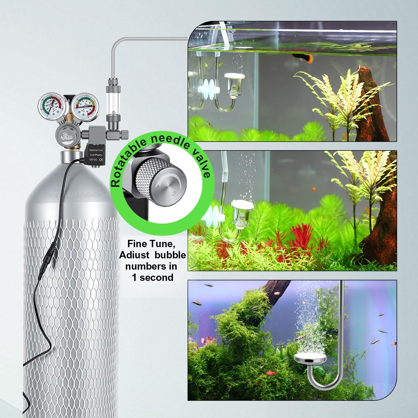 Regulador co2 Acuario DC Solenoide,co2 Regulator para Acuario Calibre Doble | Display preciso doble calibre, contador burbujas con válvula retención, Válvula aguja giratoria control preciso la salida gas