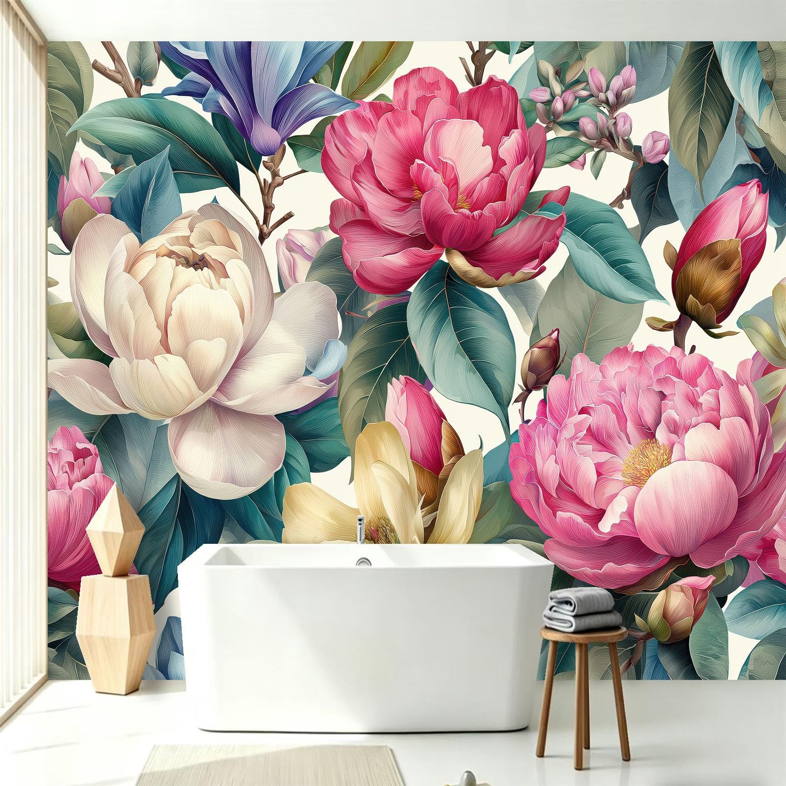 Panoramiczna Tapeta Magnolia Piwonia Kwiaty 300 x 210 cm (szer. x wys.) Gigantyczny plakat ścienny Rośliny Dekoracja - Tapeta z włókniny do salonu, sypialni, tła TV i biura (łatwy w instalacji)