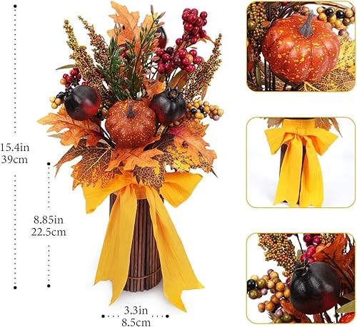 Miniatura 3 de Centros de mesa de otoño para mesas, flores falsas de otoño en jarrón, decoraciones de cosecha, arreglo floral de seda, decoración de calabaza