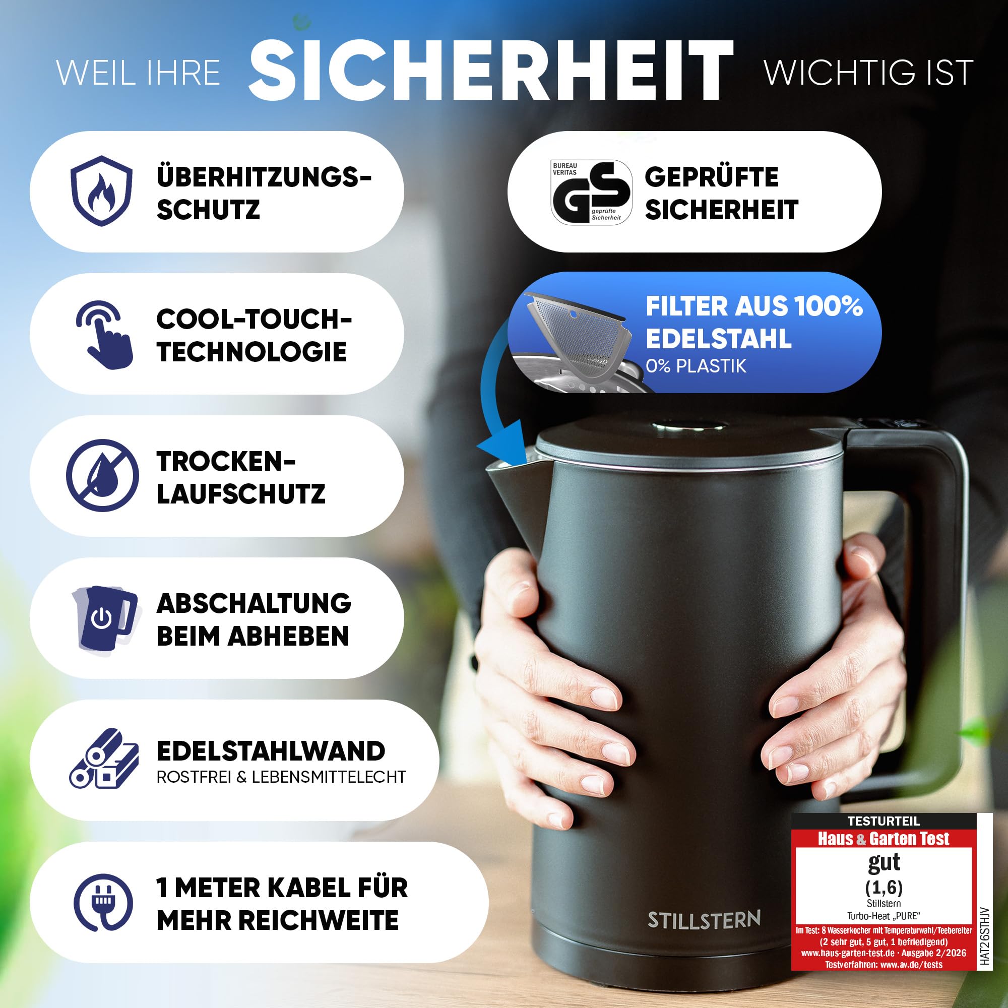 Stillstern Wasserkocher mit Temperatureinstellung [1,7L, 2200W, 40-55-70-85-100°C], 12h Warmhalten, Wasserkocher Edelstahl mit Präzisionsausguss, Schnelles Aufheizen, Teekocher Camping, Matt Finishing