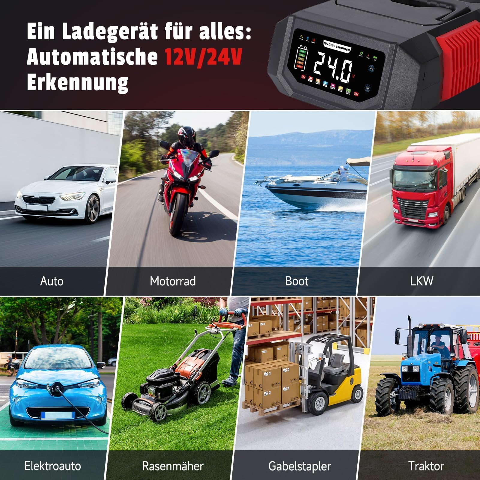 Autobatterie Ladegerät 12V/24V, HAUSPROFI 20A Intelligentes Batterieladegerät KFZ mit Einstellbarem Strom, 9-Stufige Ladung & Reparaturmodus für Auto, Motorrad, LKW, Blei-Säure, AGM, Lithium LiFePO4