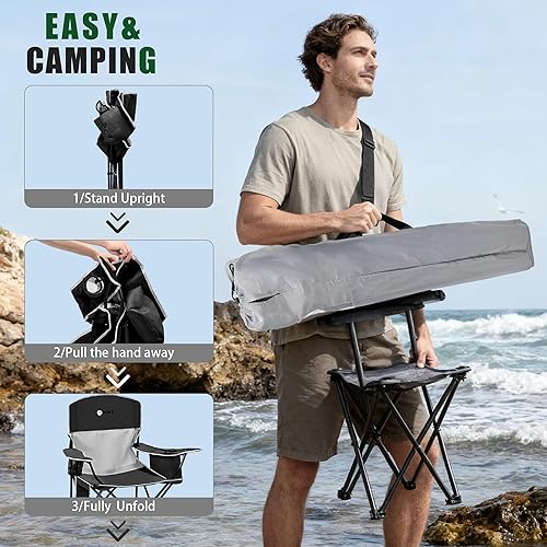 Miniatura 6 de Silla plegable portátil para exteriores con portavasos y bolsa enfriadora, malla transpirable, reposabrazos anchos, diseño ergonómico para