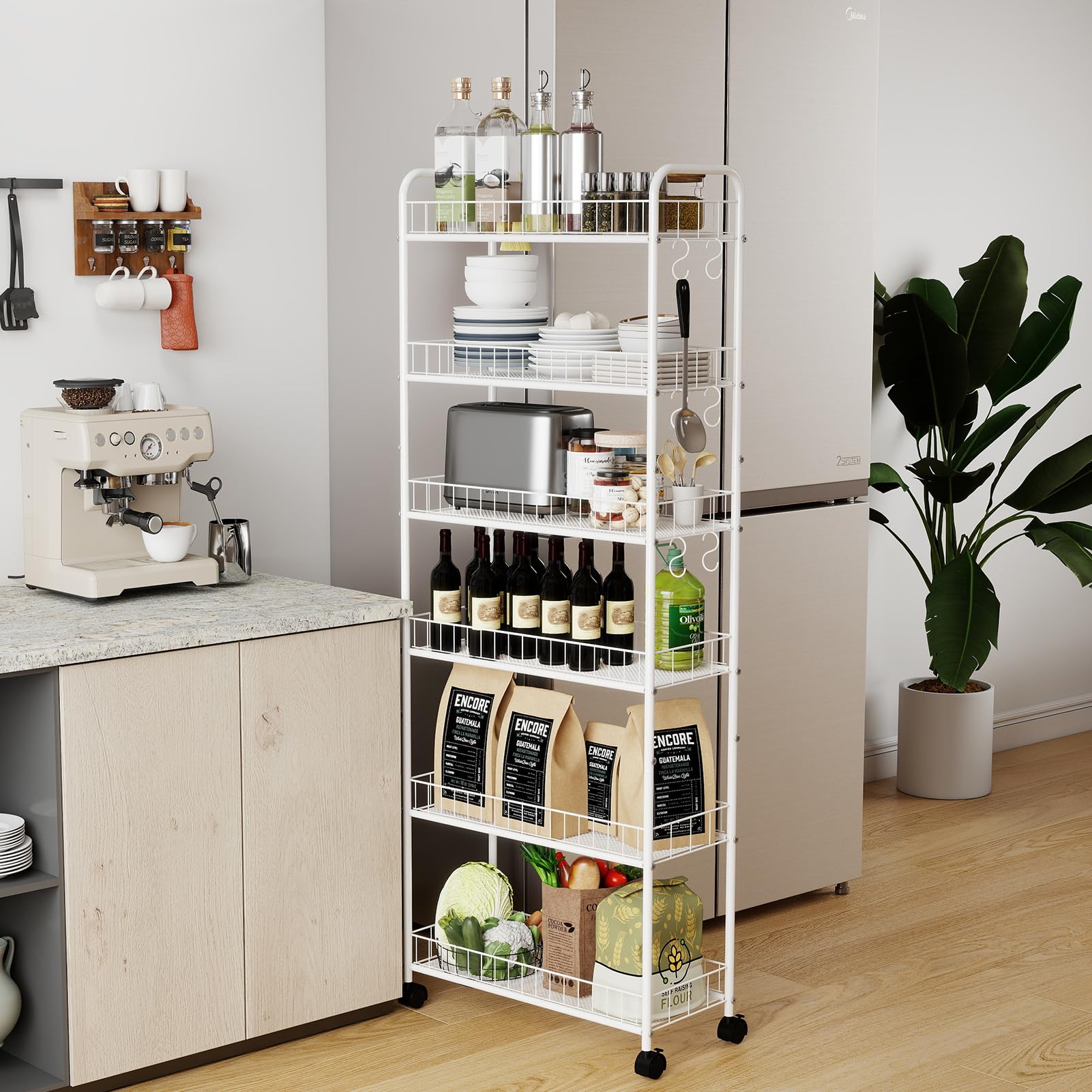 HAUSPROFI Küchenregal Schmal, 6 Etagen Regal mit Rollen, 4 Abschließbaren Rädern und Fußpolstern, 6 Haken, Griff und Korb, für Enge Räume wie Küche, Badezimmer usw., Weiß (58,0 × 25,4 × 155,5 cm)