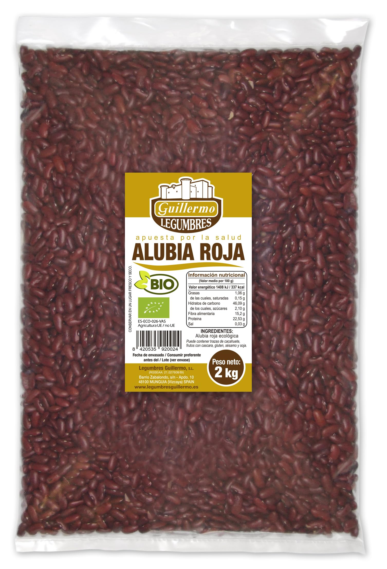 Guillermo | Alubia roja BIO - Bolsa 2kg. | 100% ecológica | Alto contenido en proteína vegetal | Ideales para guisos y potajes