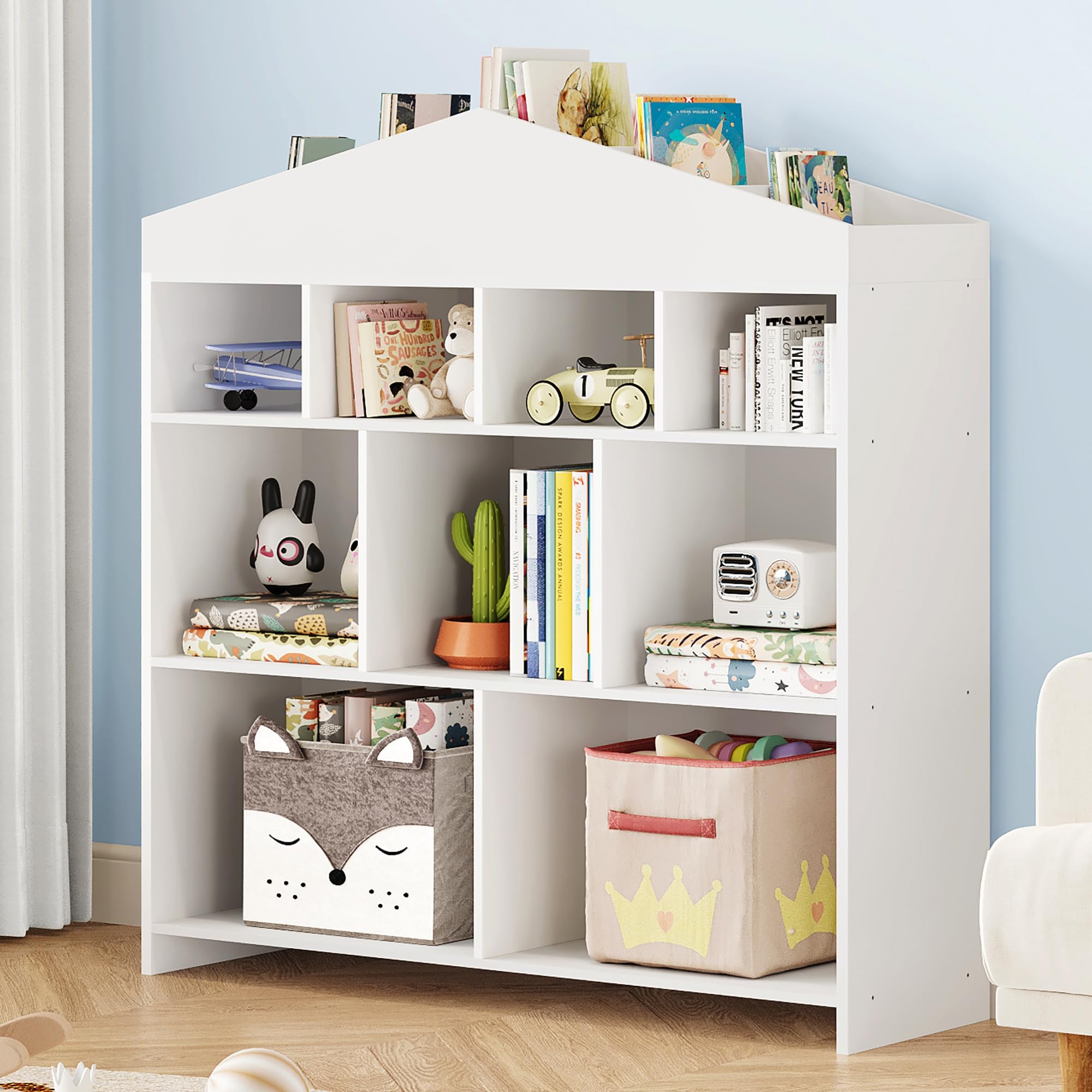 Kinder Bücherregal Hausform, Holzregal für Bücher & Spielzeug, Weiß | Hausförmiges Holzregal mit 15 Fächern – bietet viel Stauraum für Kinderbücher und Spielzeug, ideal für Kinderzimmer.