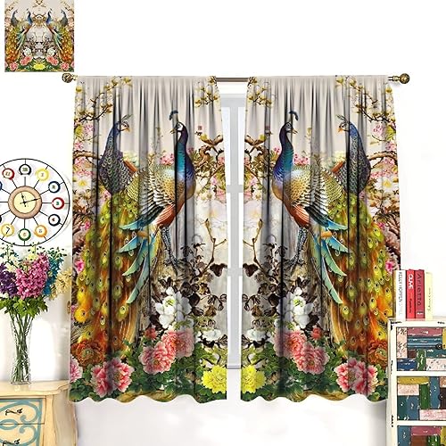 Miniatura 113 de Cortina opaca con estampado de pavo real, con estampado de animales retro, con bolsillo para cortinero y flores de peonía doradas, para dormitorio,