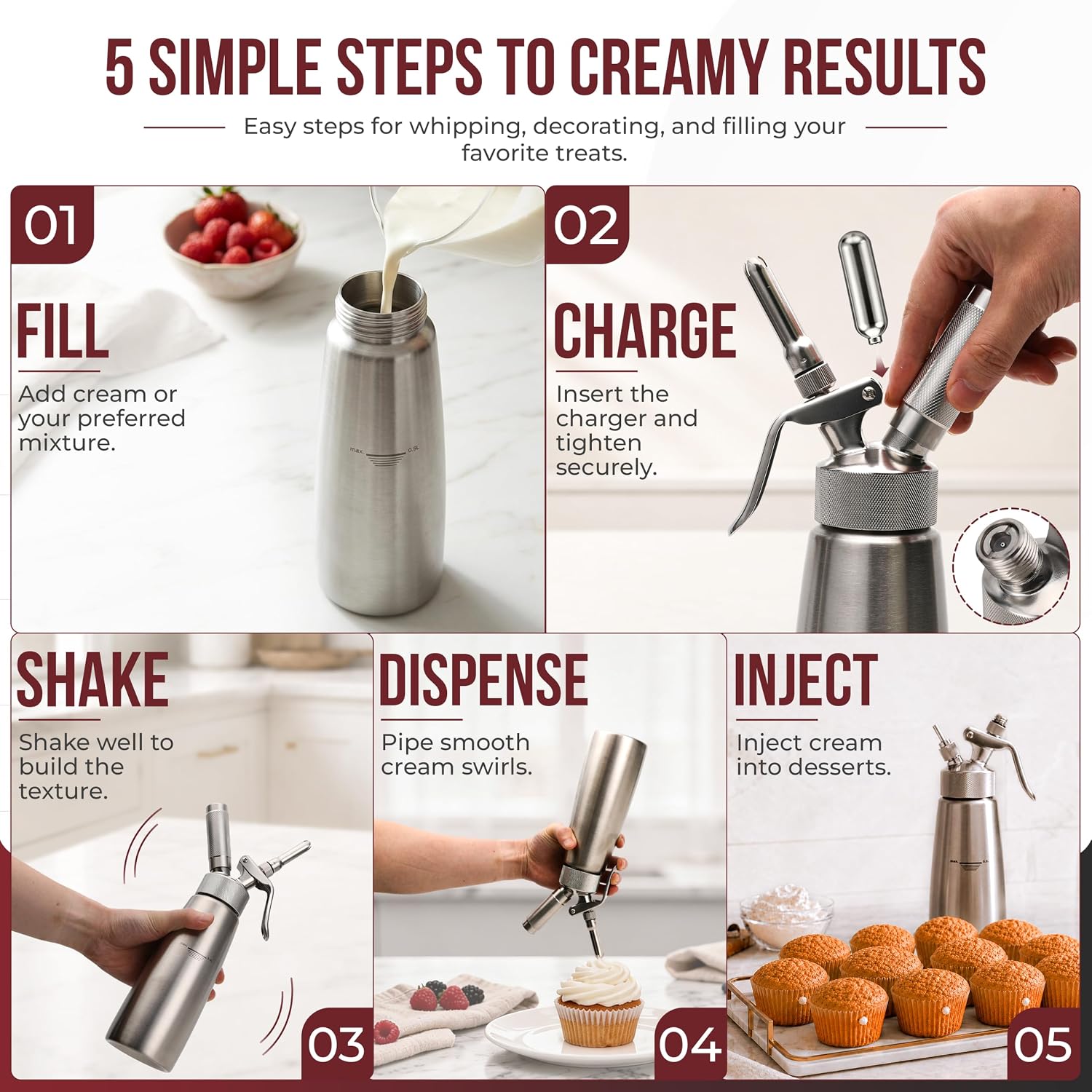 Stainless Steel Whipped Cream Dispenser 500ml | Professional Grade | Threaded Grip Design | Home Bakers and Commercial Kitchens