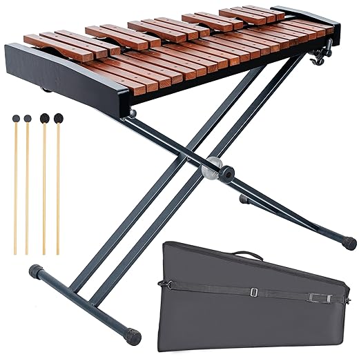 32-Key Wooden Xylophone& Marimba Set with Adjustable Stand | Professional Glockenspiel Percussion Instrument Kit | Includes 2 Pairs of Mallets & Bag