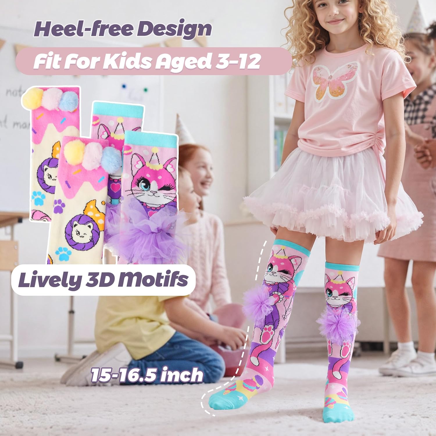 ANTSANG 3D Cute Knee High Socks for Girls Kids, 2 Pairs Funny Crazy Long Boot Tall Cotton Socks, Mismatched Novelty Stocking
