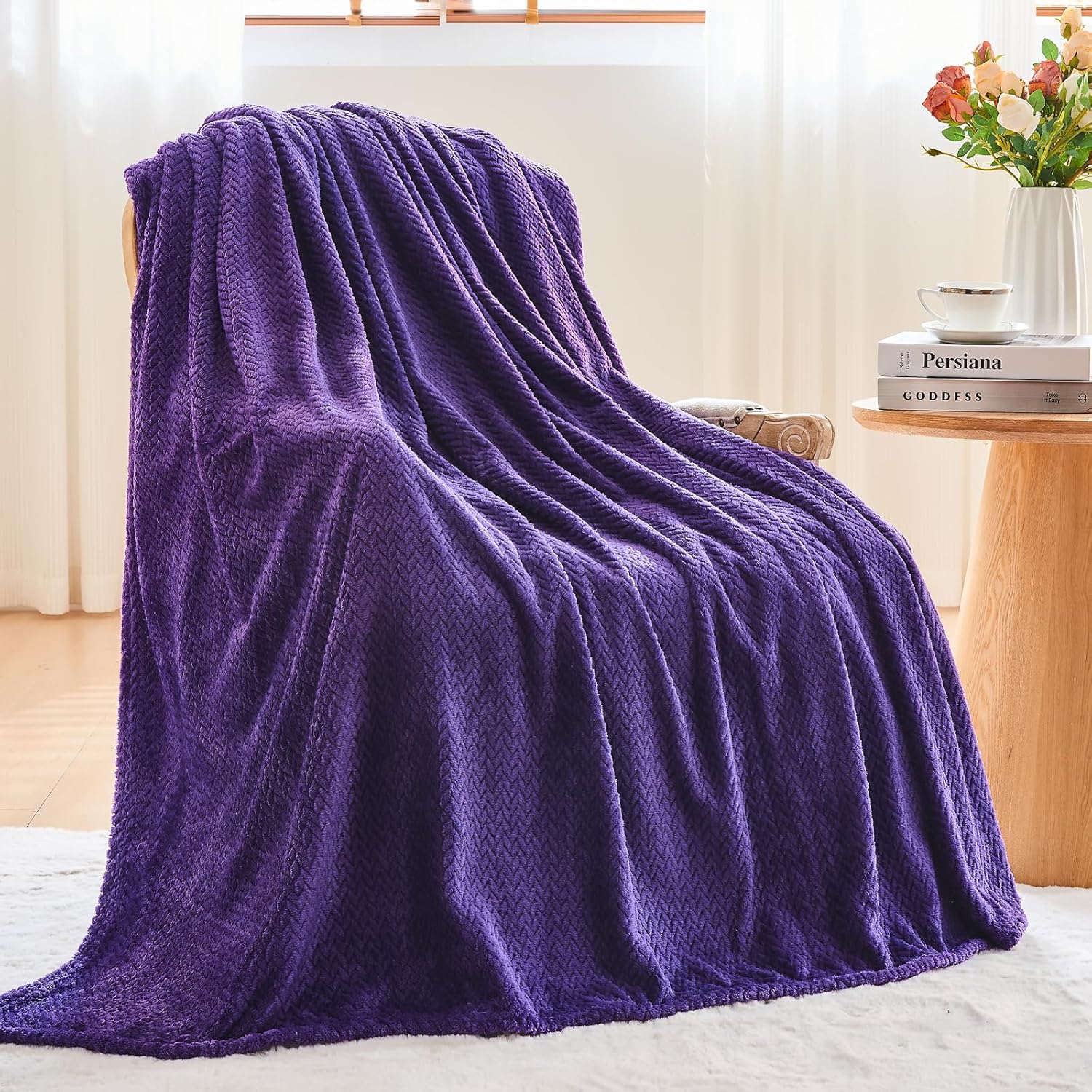 NEWCOSPLAY Super Soft Throw Blanket Dark Purple Premium Silky Flannel Fleece Leaves Pattern Lightweight Bed Blanket All Season Use (Dark Purple, Throw(50"x60")) - Image 3