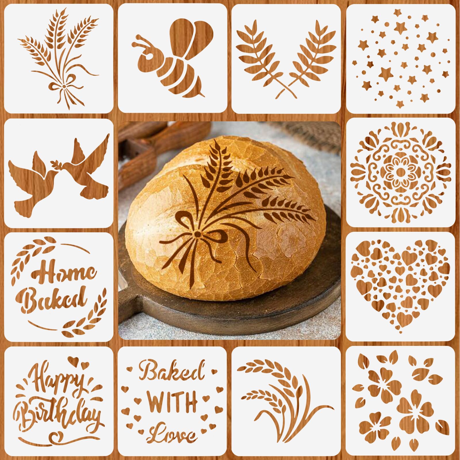 Zestaw 12 szablonów do chleba 15 x 15 cm, dekoracja na ciasto i ściany, DIY Scrapbook, rysunki malarskie wielokrotnego użytku