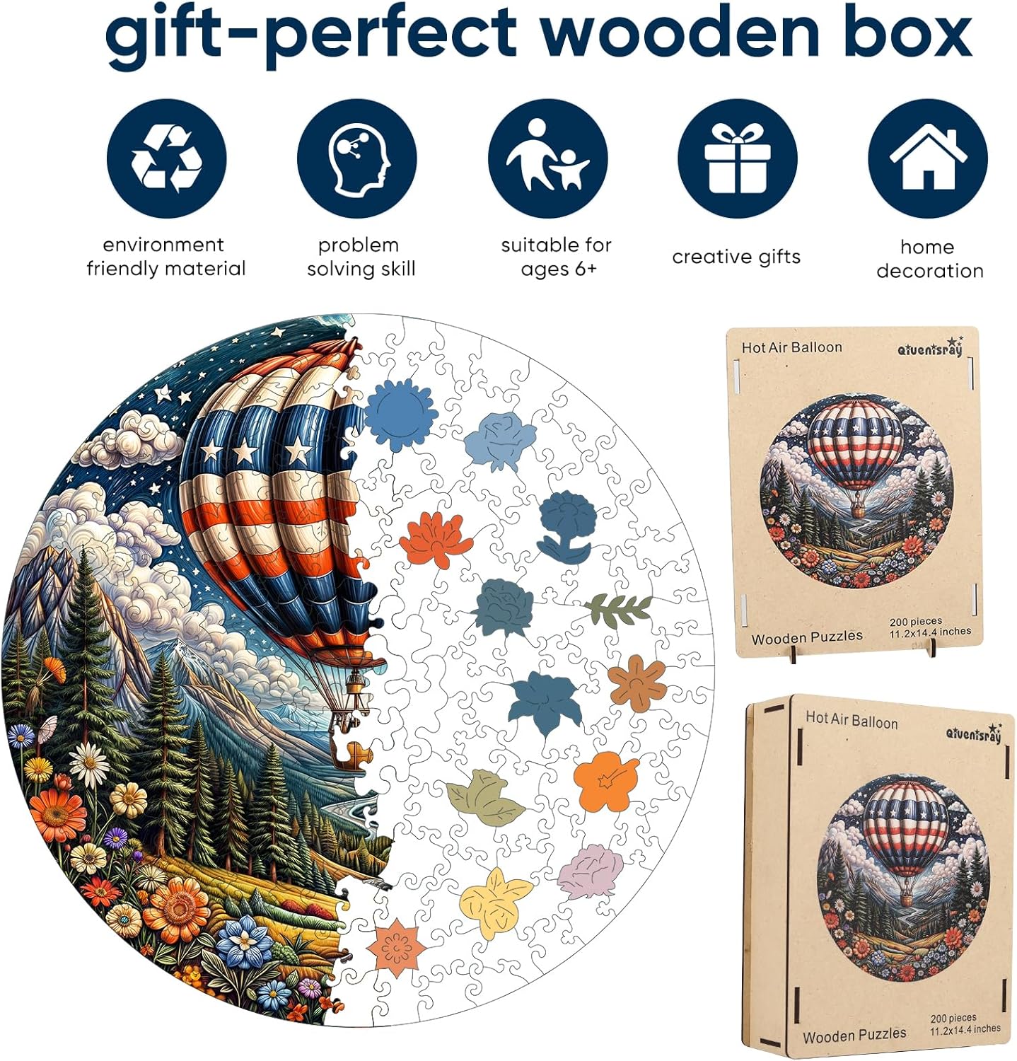 Qiuenisray Wooden Puzzles, 3D Vision Effect Hot Air Balloon Jigsaw Puzzles 200 Piece, FSC Certified Unique Shape Animal Adult Puzzles, Best Gift for Kids Family Game 11.2x14.4 in